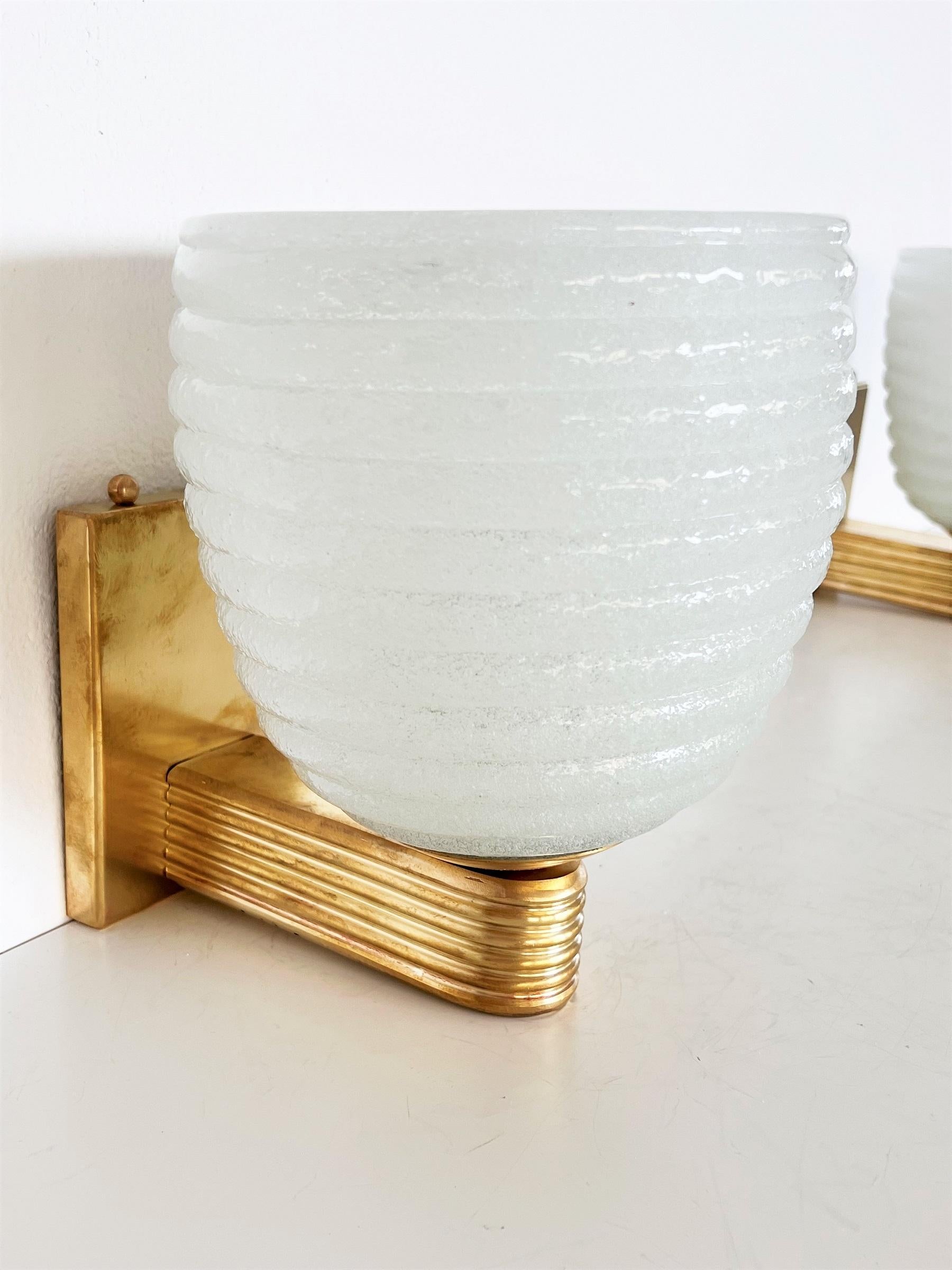 Hand-Crafted Italian Brass and Murano Glass Wall Lights or Sconces in Art Deco Style, 1970s