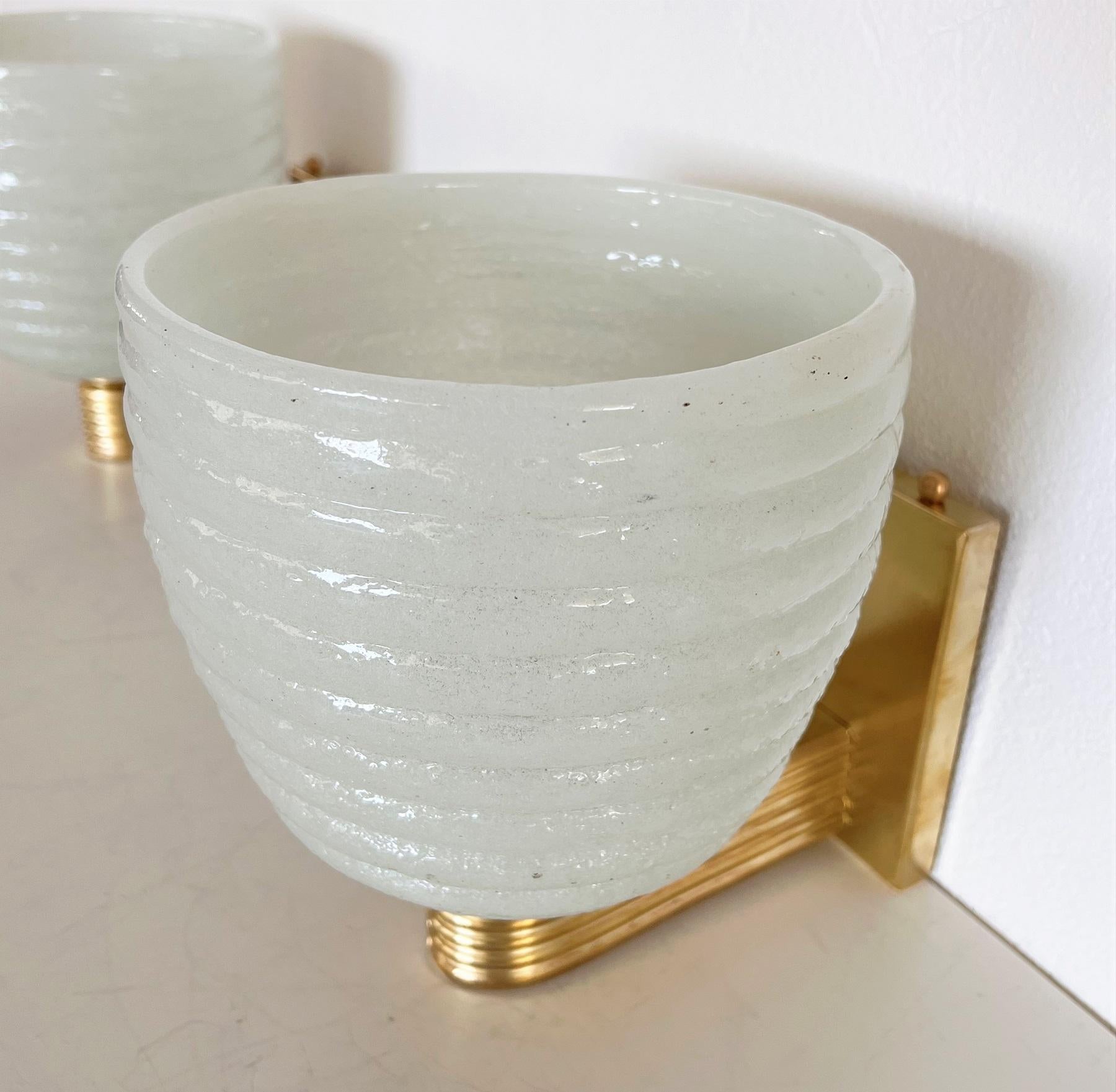 20th Century Italian Brass and Murano Glass Wall Lights or Sconces in Art Deco Style, 1970s