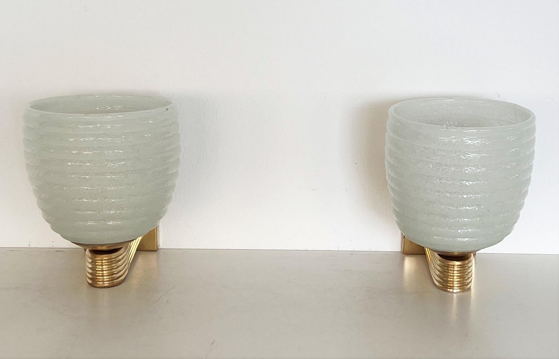 20th Century Italian Brass and Murano Glass Wall Lights or Sconces in Art Deco Style, 1970s