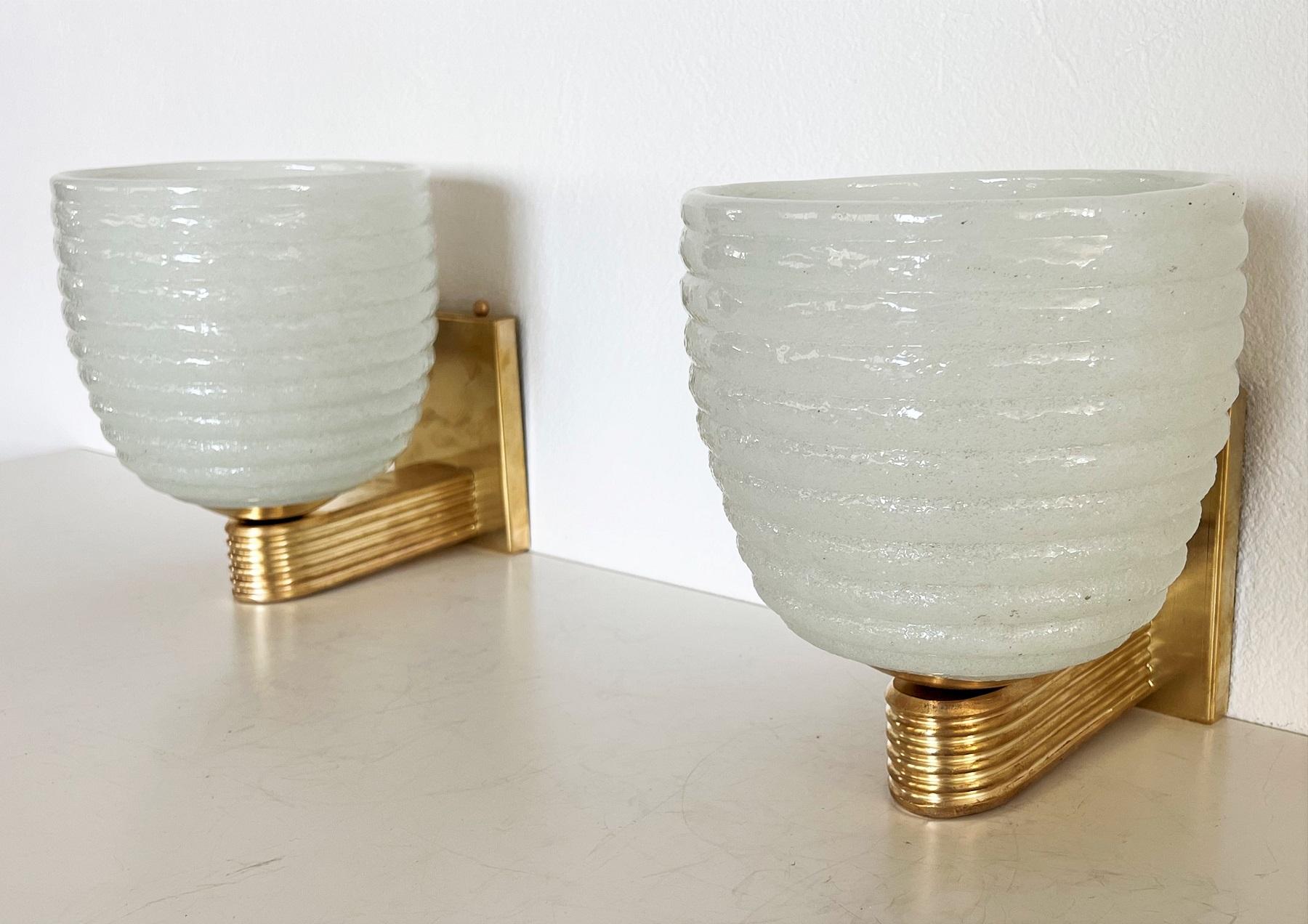 Italian Brass and Murano Glass Wall Lights or Sconces in Art Deco Style, 1970s 1