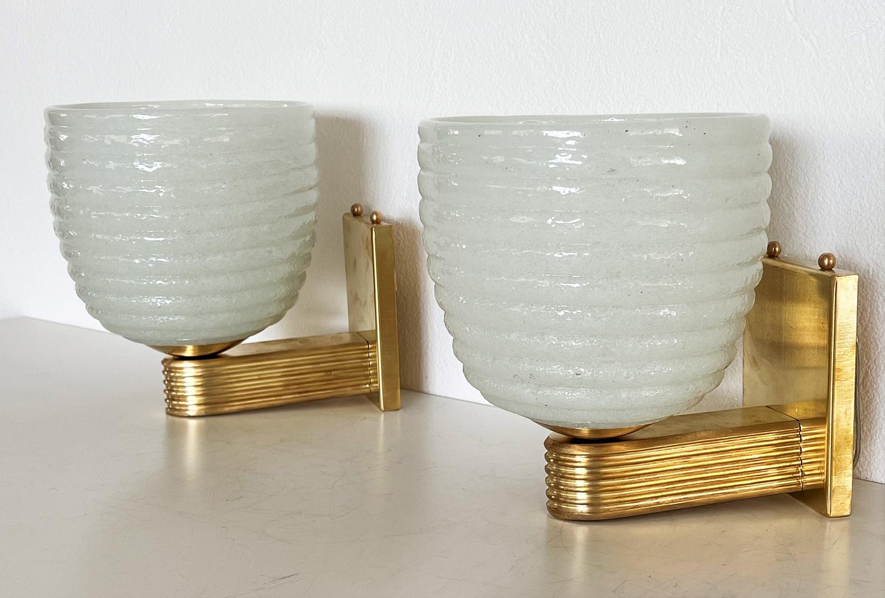 Italian Brass and Murano Glass Wall Lights or Sconces in Art Deco Style, 1970s 2