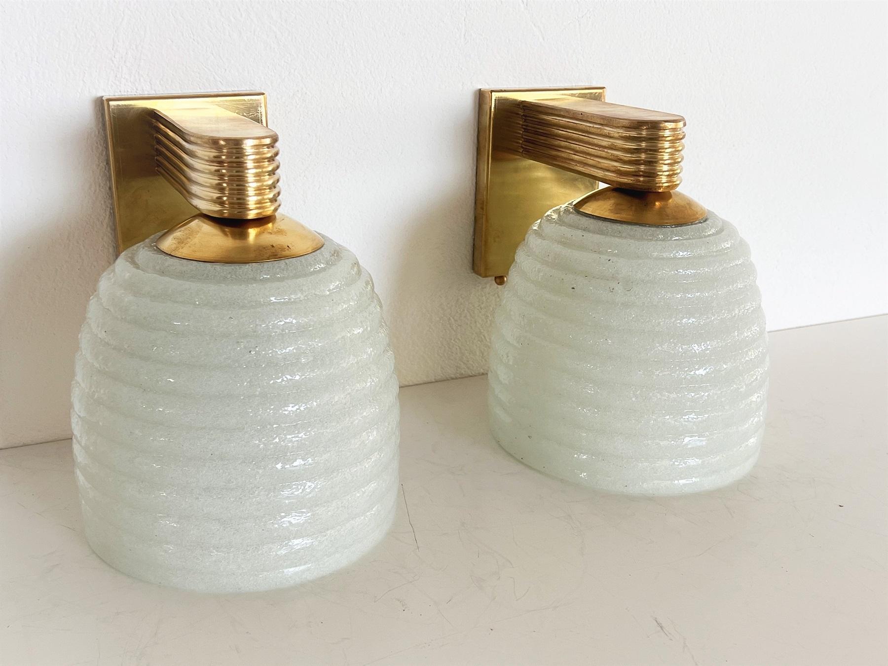 Italian Brass and Murano Glass Wall Lights or Sconces in Art Deco Style, 1970s 3
