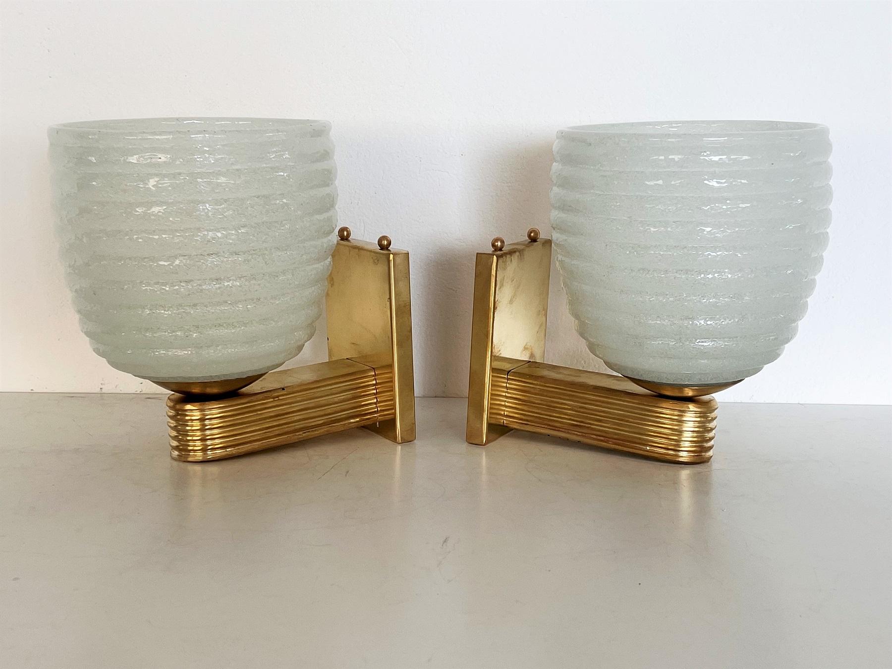 Italian Brass and Murano Glass Wall Lights or Sconces in Art Deco Style, 1970s 3