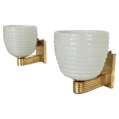 Italian Brass and Murano Glass Wall Lights or Sconces in Art Deco Style, 1970s