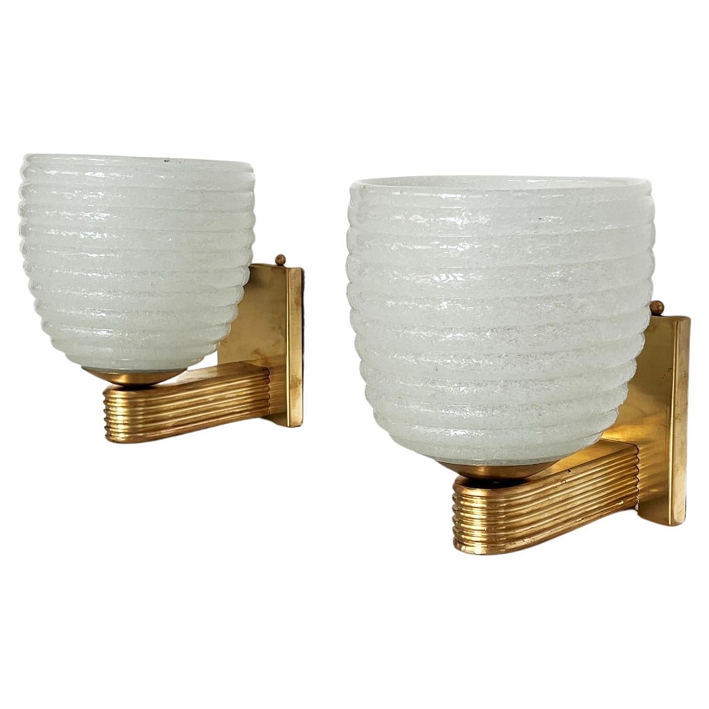 Italian Brass and Murano Glass Wall Lights or Sconces in Art Deco Style, 1970s