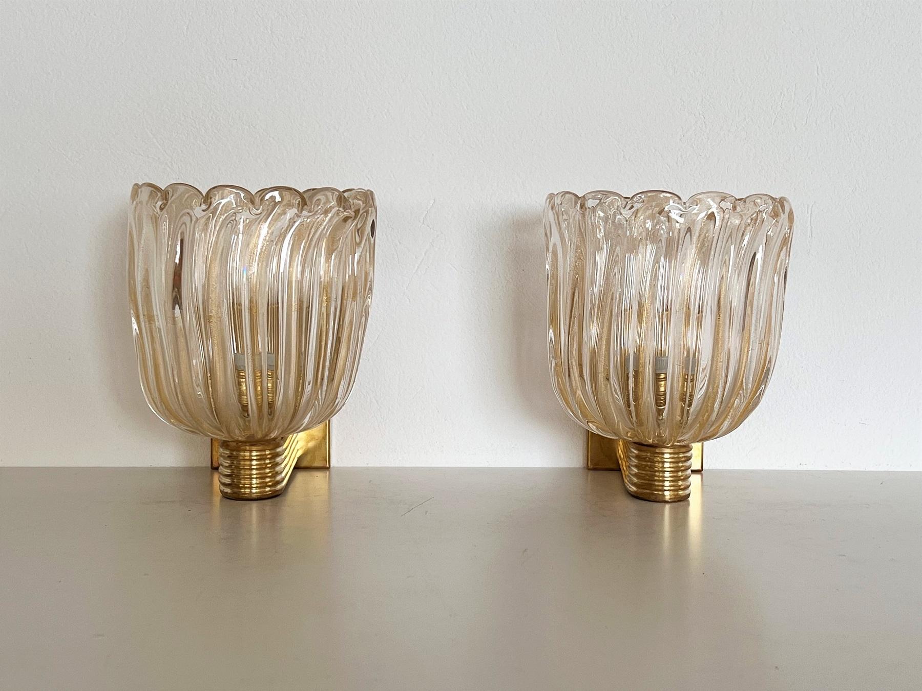 Italian Brass and Murano Glass Wall Lights or Sconces in Art Deco Style, 1990s 4