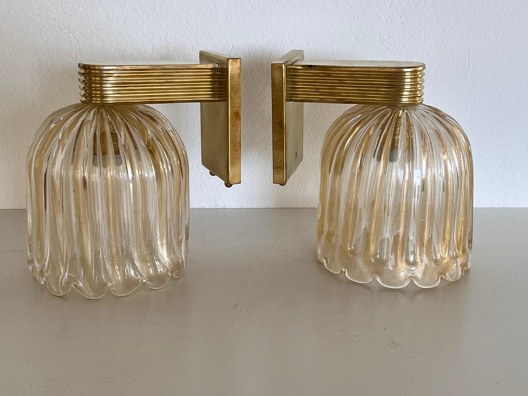 Italian Brass and Murano Glass Wall Lights or Sconces in Art Deco Style, 1990s 6