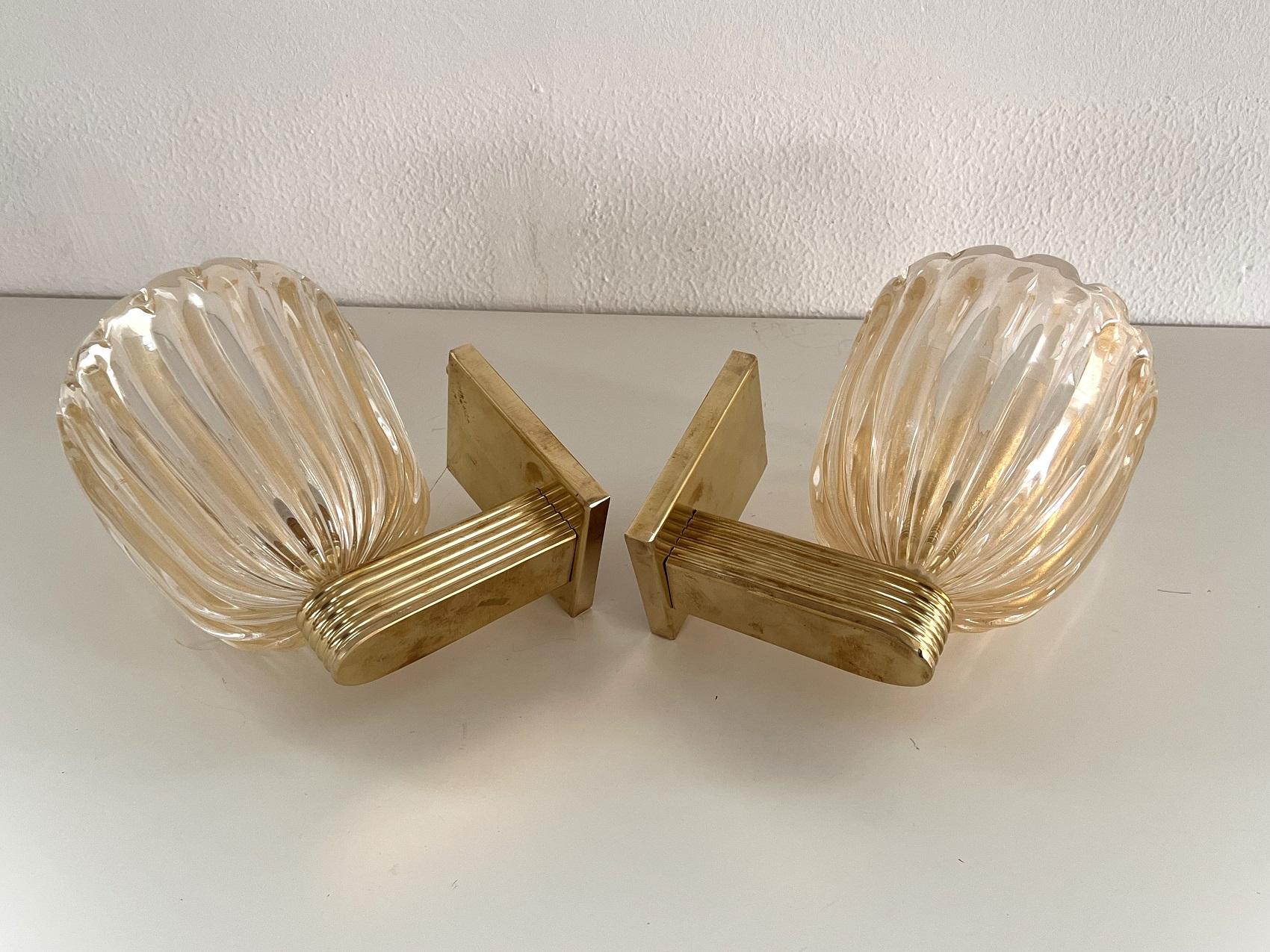 Italian Brass and Murano Glass Wall Lights or Sconces in Art Deco Style, 1990s 6