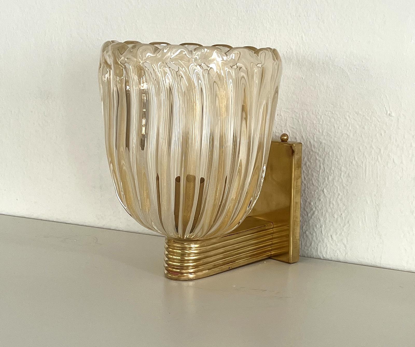 Italian Brass and Murano Glass Wall Lights or Sconces in Art Deco Style, 1990s For Sale 6