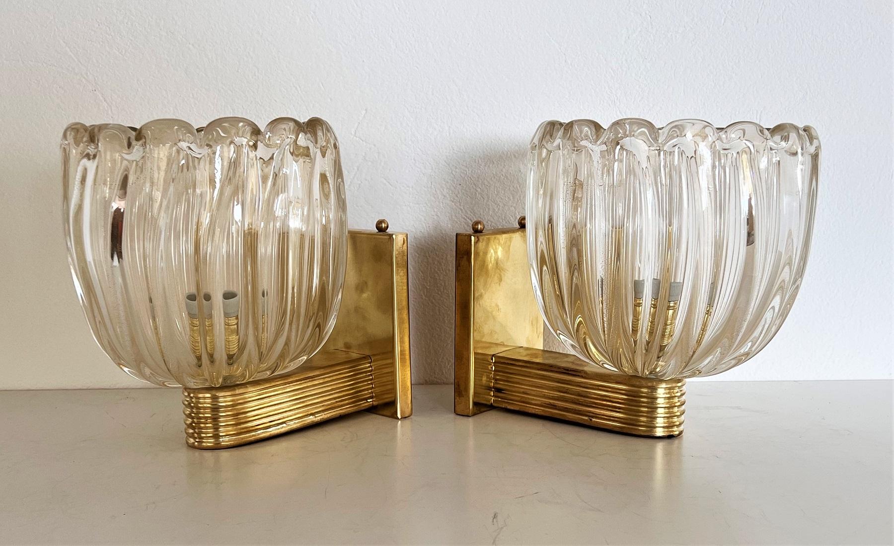 Italian Brass and Murano Glass Wall Lights or Sconces in Art Deco Style, 1990s 7