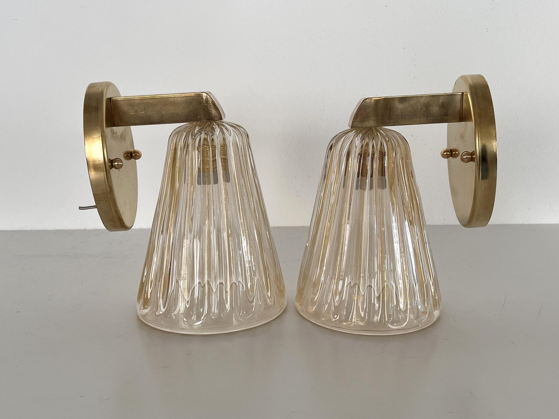 Italian Brass and Murano Glass Wall Lights or Sconces in Art Deco Style, 1990s For Sale 7