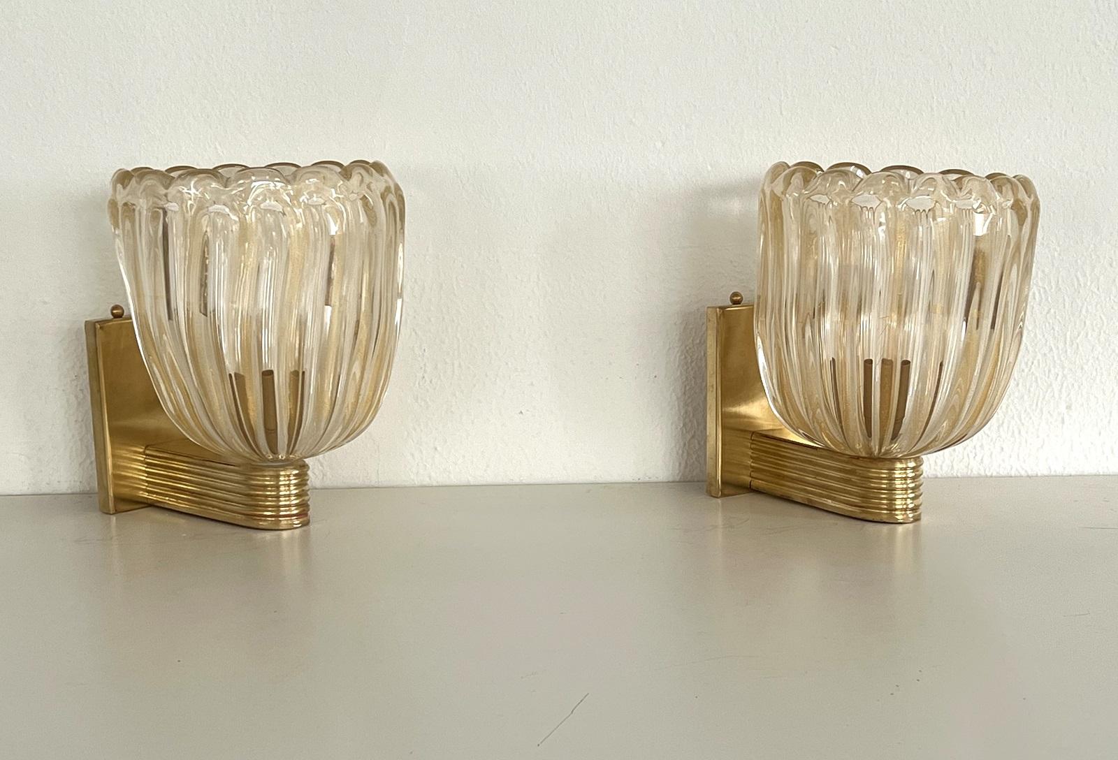 Italian Brass and Murano Glass Wall Lights or Sconces in Art Deco Style, 1990s For Sale 7