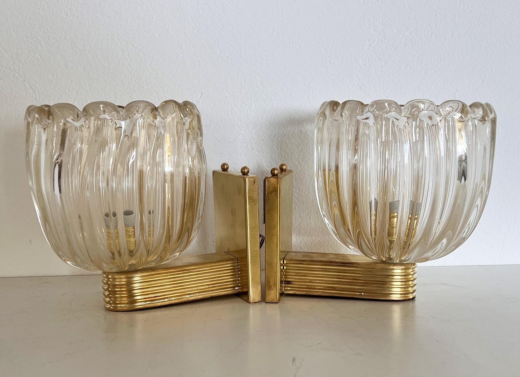 Italian Brass and Murano Glass Wall Lights or Sconces in Art Deco Style, 1990s 8