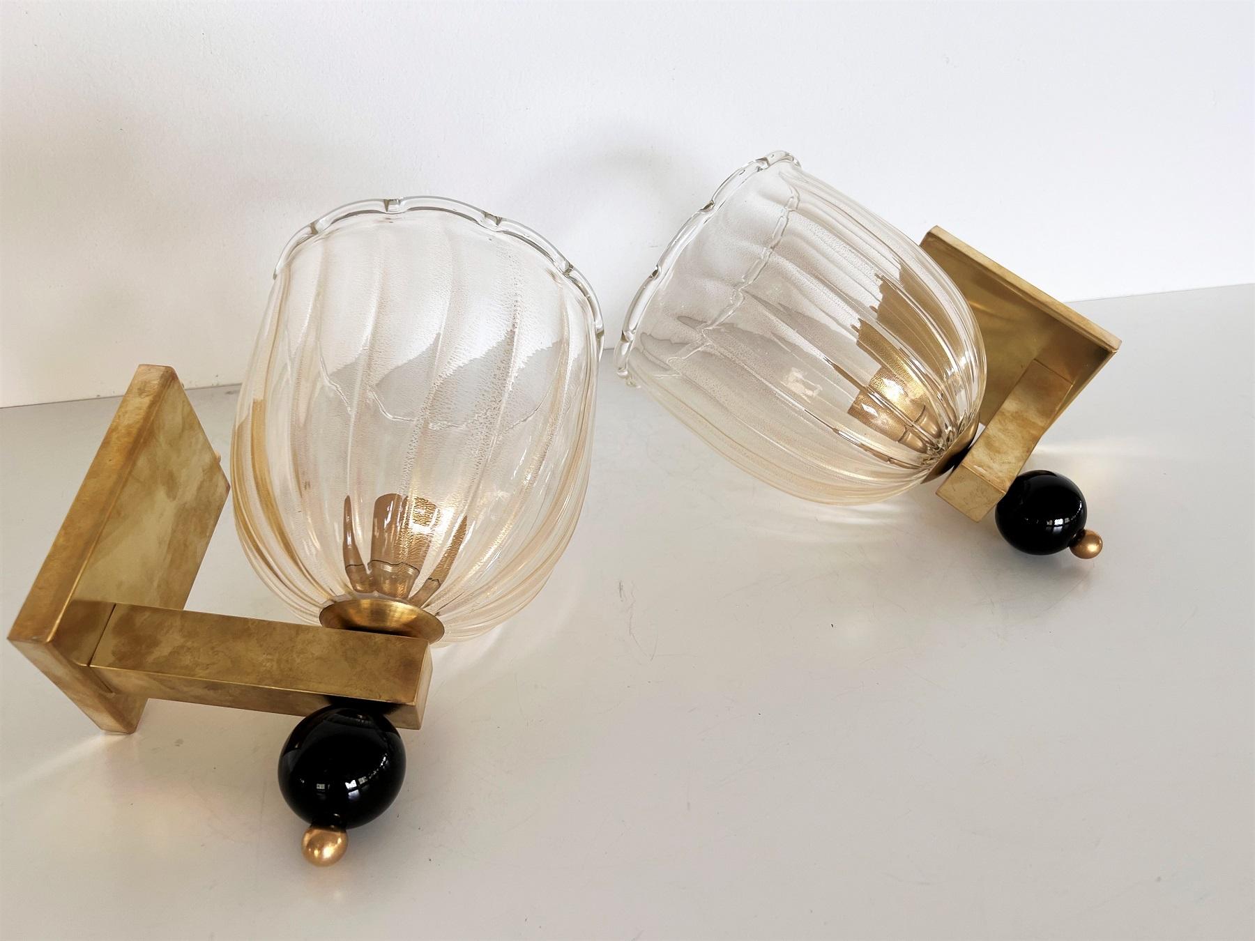 Italian Brass and Murano Glass Wall Lights or Sconces in Art Deco Style, 1990s 8