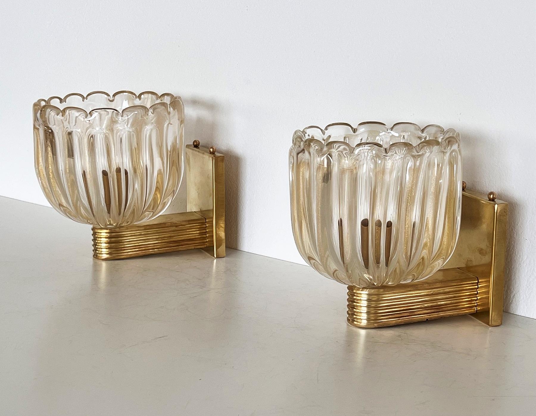 Italian Brass and Murano Glass Wall Lights or Sconces in Art Deco Style, 1990s 8