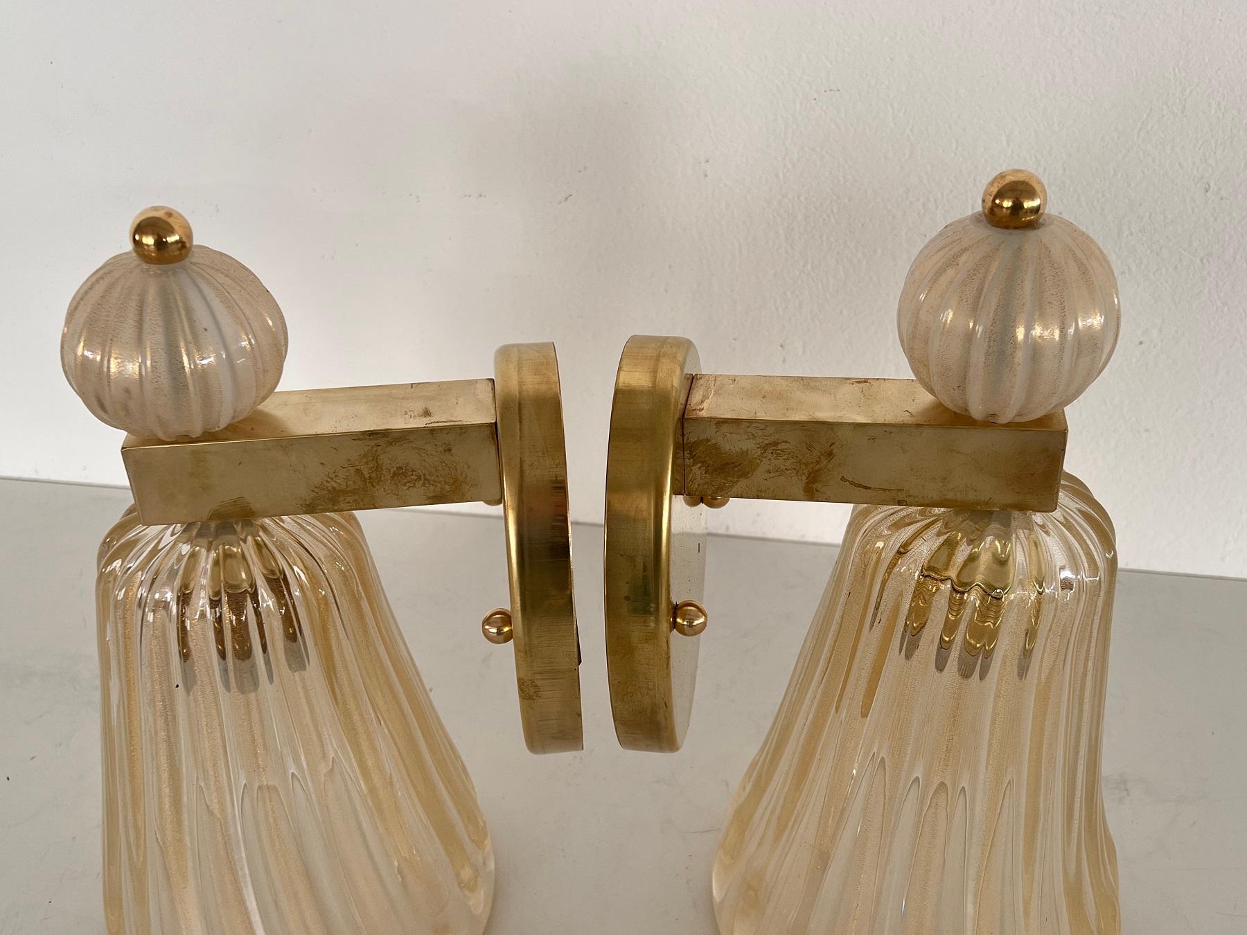 Italian Brass and Murano Glass Wall Lights or Sconces in Art Deco Style, 1990s For Sale 8