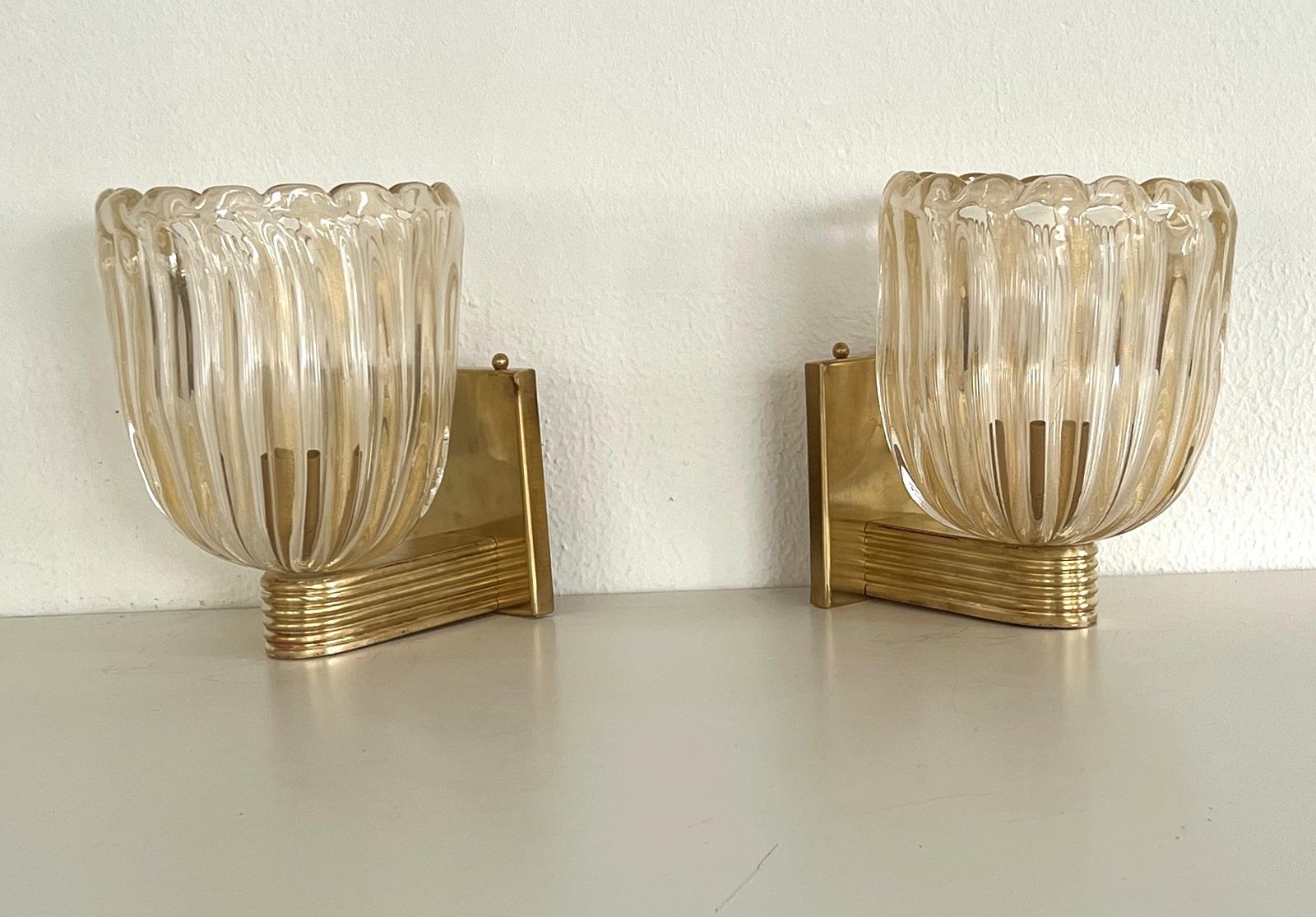 Italian Brass and Murano Glass Wall Lights or Sconces in Art Deco Style, 1990s For Sale 8