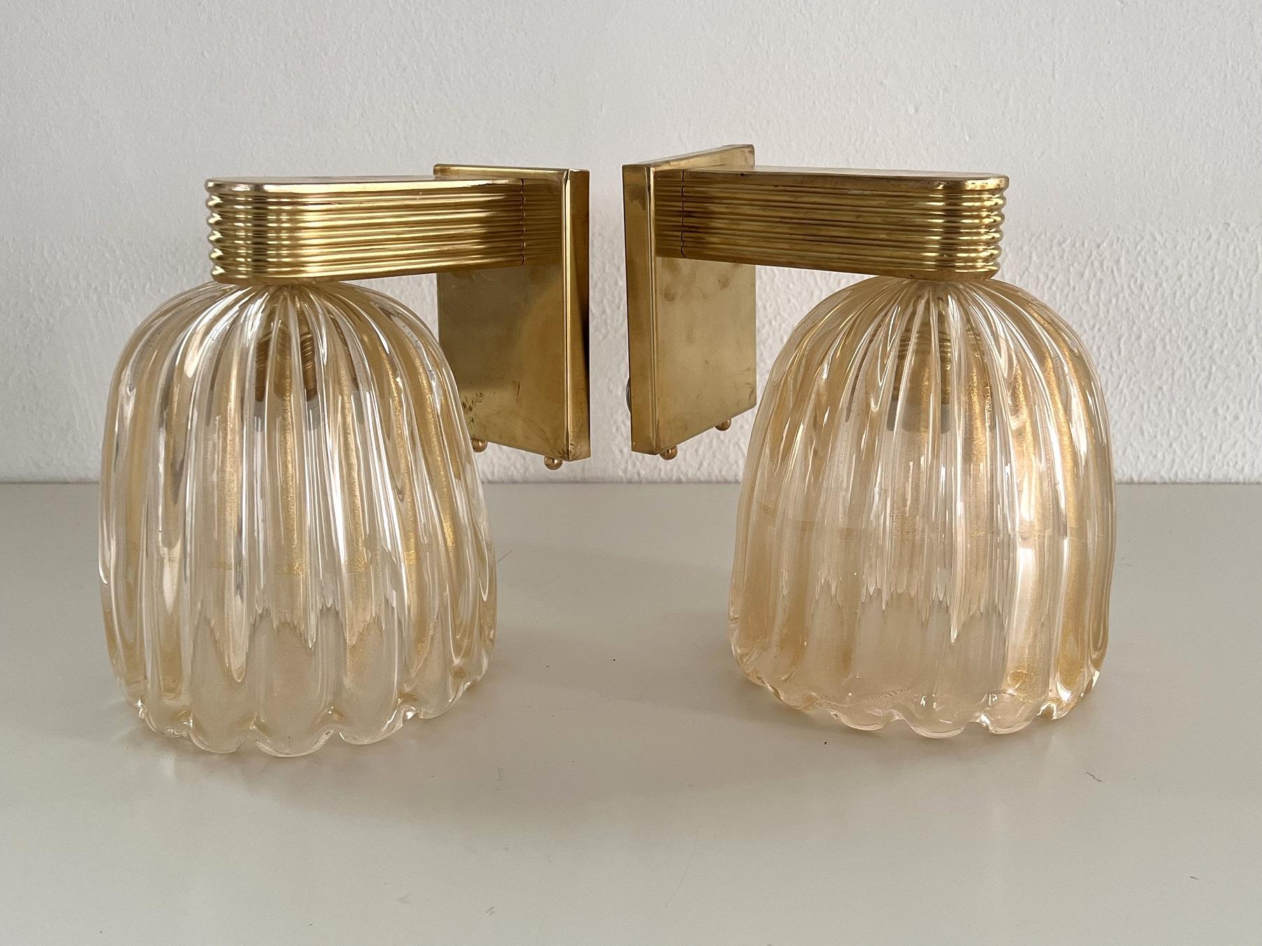 Italian Brass and Murano Glass Wall Lights or Sconces in Art Deco Style, 1990s 9