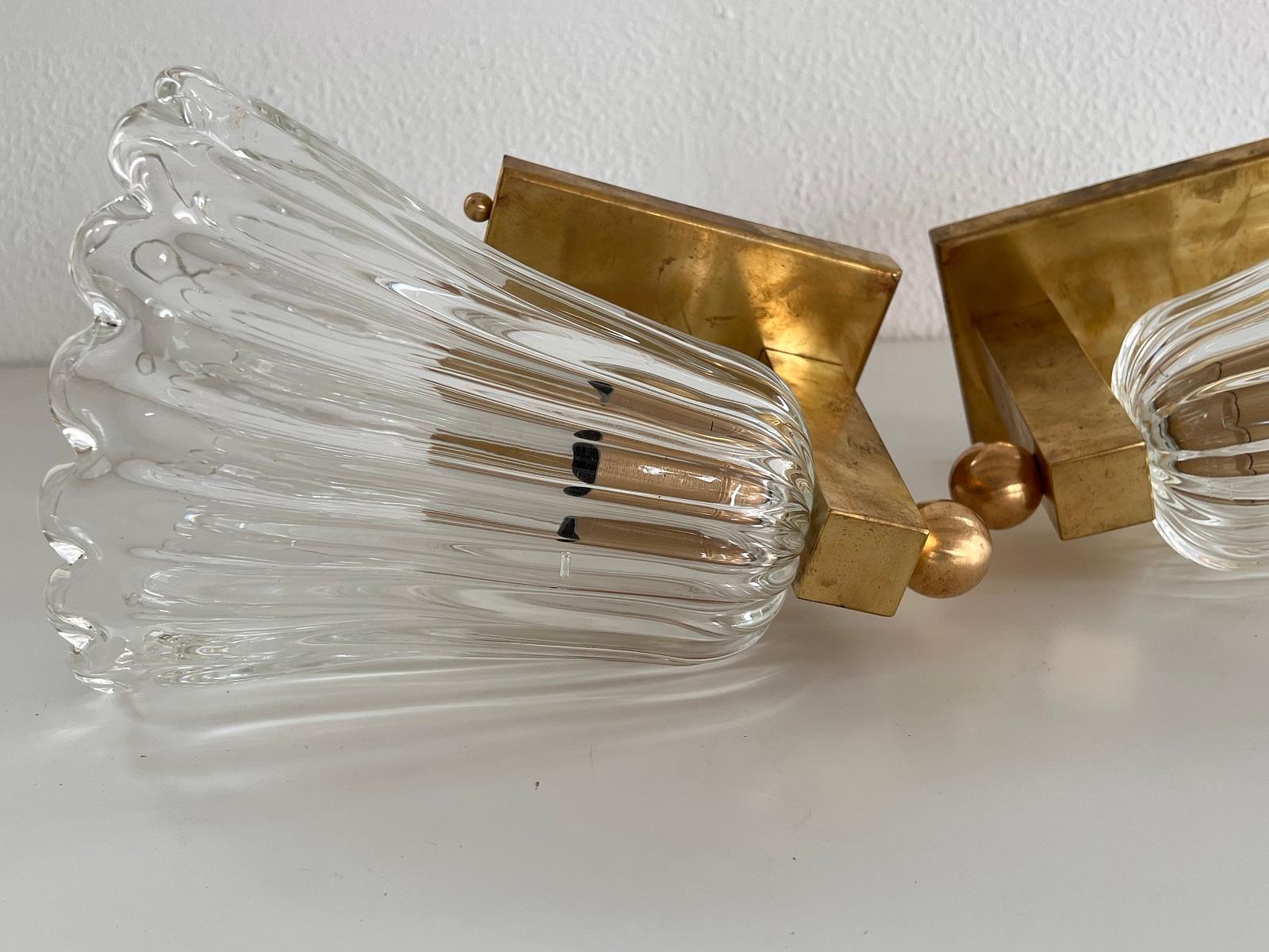 Italian Brass and Murano Glass Wall Lights or Sconces in Art Deco Style, 1990s For Sale 9
