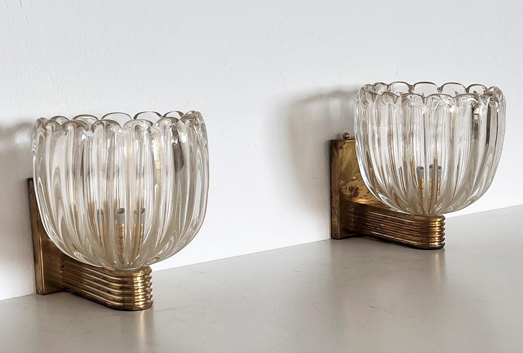 Italian Brass and Murano Glass Wall Lights or Sconces in Art Deco Style, 1990s 10