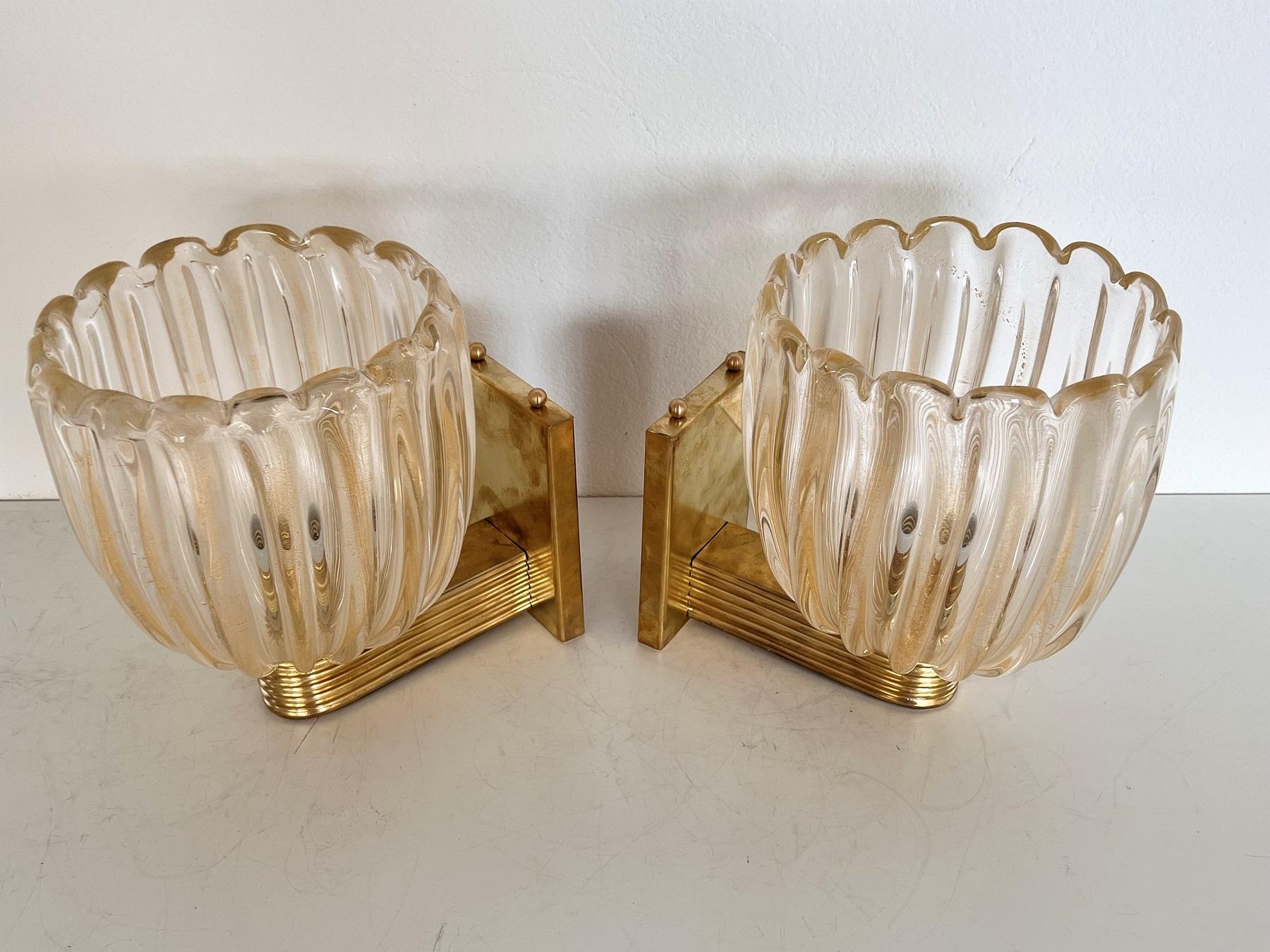 Italian Brass and Murano Glass Wall Lights or Sconces in Art Deco Style, 1990s 10