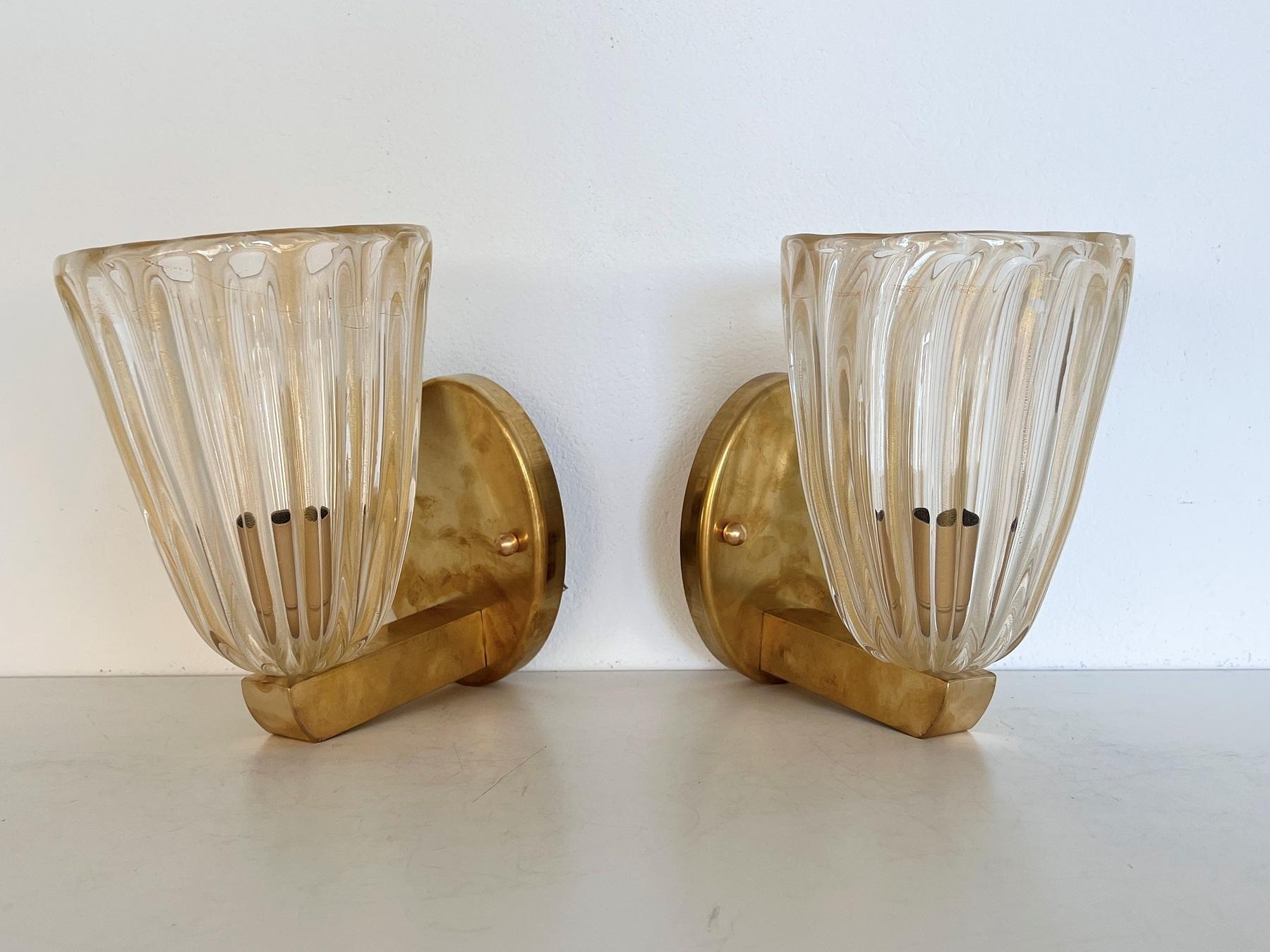 Italian Brass and Murano Glass Wall Lights or Sconces in Art Deco Style, 1990s 11