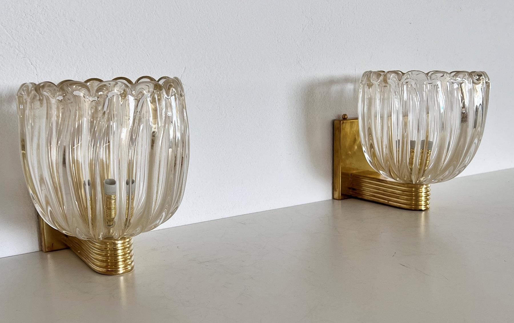 Hand-Crafted Italian Brass and Murano Glass Wall Lights or Sconces in Art Deco Style, 1990s