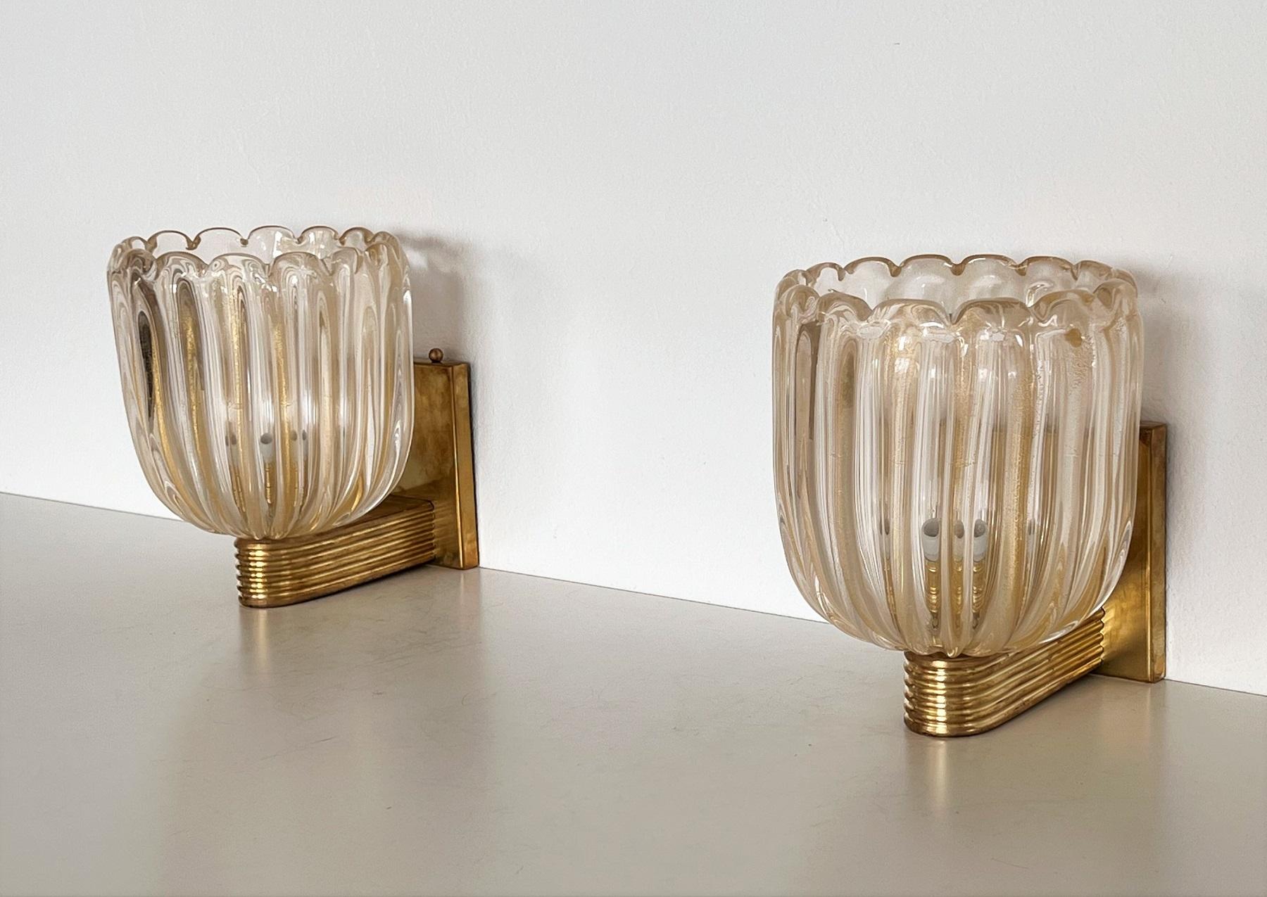 Hand-Crafted Italian Brass and Murano Glass Wall Lights or Sconces in Art Deco Style, 1990s