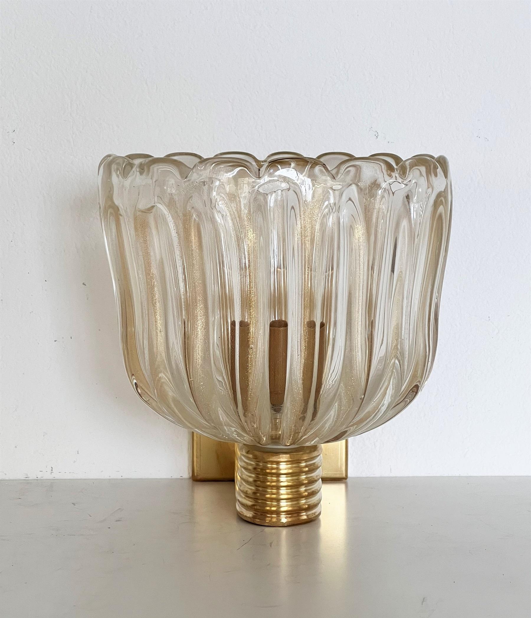 Hand-Crafted Italian Brass and Murano Glass Wall Light or Sconce in Art Deco Style, 1990s