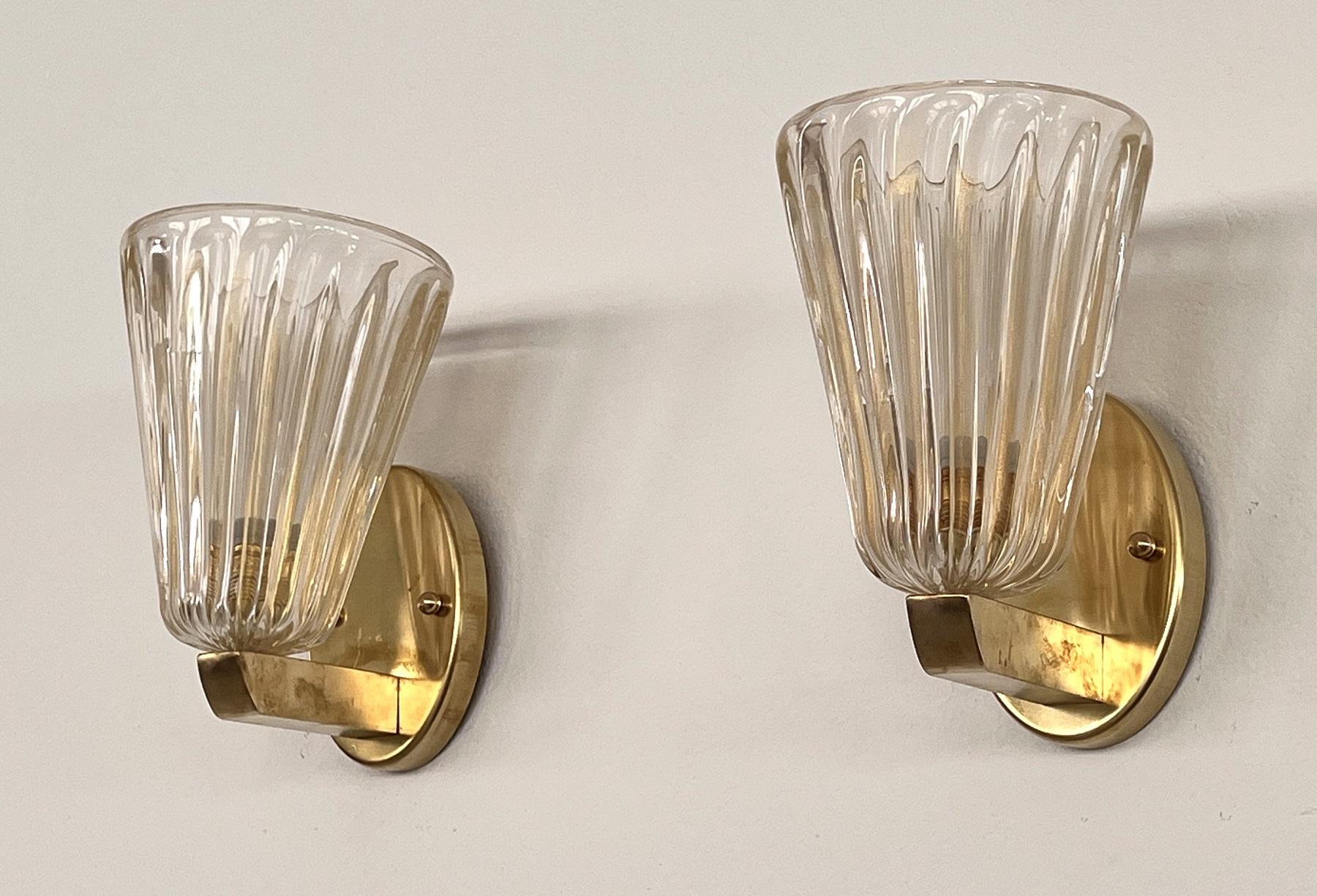Hand-Crafted Italian Brass and Murano Glass Wall Lights or Sconces in Art Deco Style, 1990s For Sale