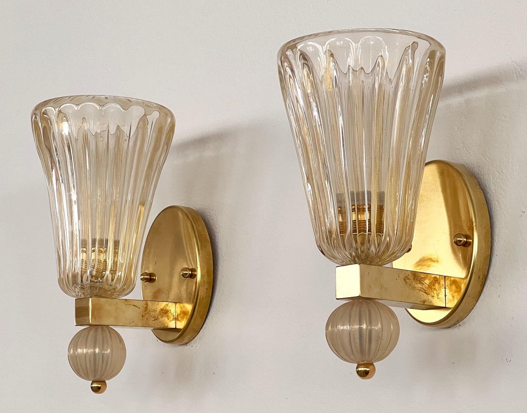 Hand-Crafted Italian Brass and Murano Glass Wall Lights or Sconces in Art Deco Style, 1990s For Sale