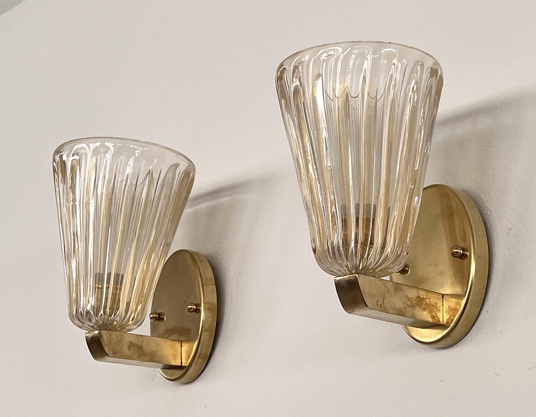 Hand-Crafted Italian Brass and Murano Glass Wall Lights or Sconces in Art Deco Style, 1990s