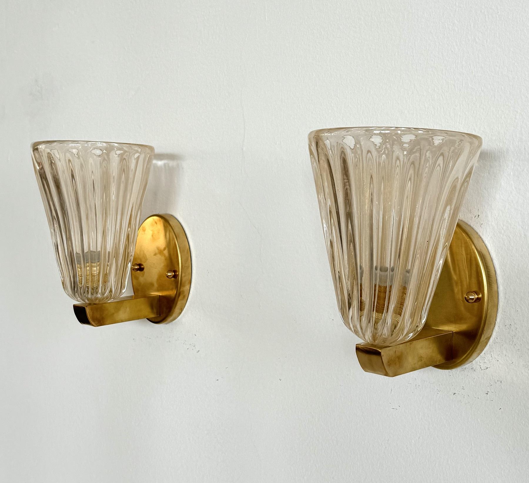 Hand-Crafted Italian Brass and Murano Glass Wall Lights or Sconces in Art Deco Style, 1990s