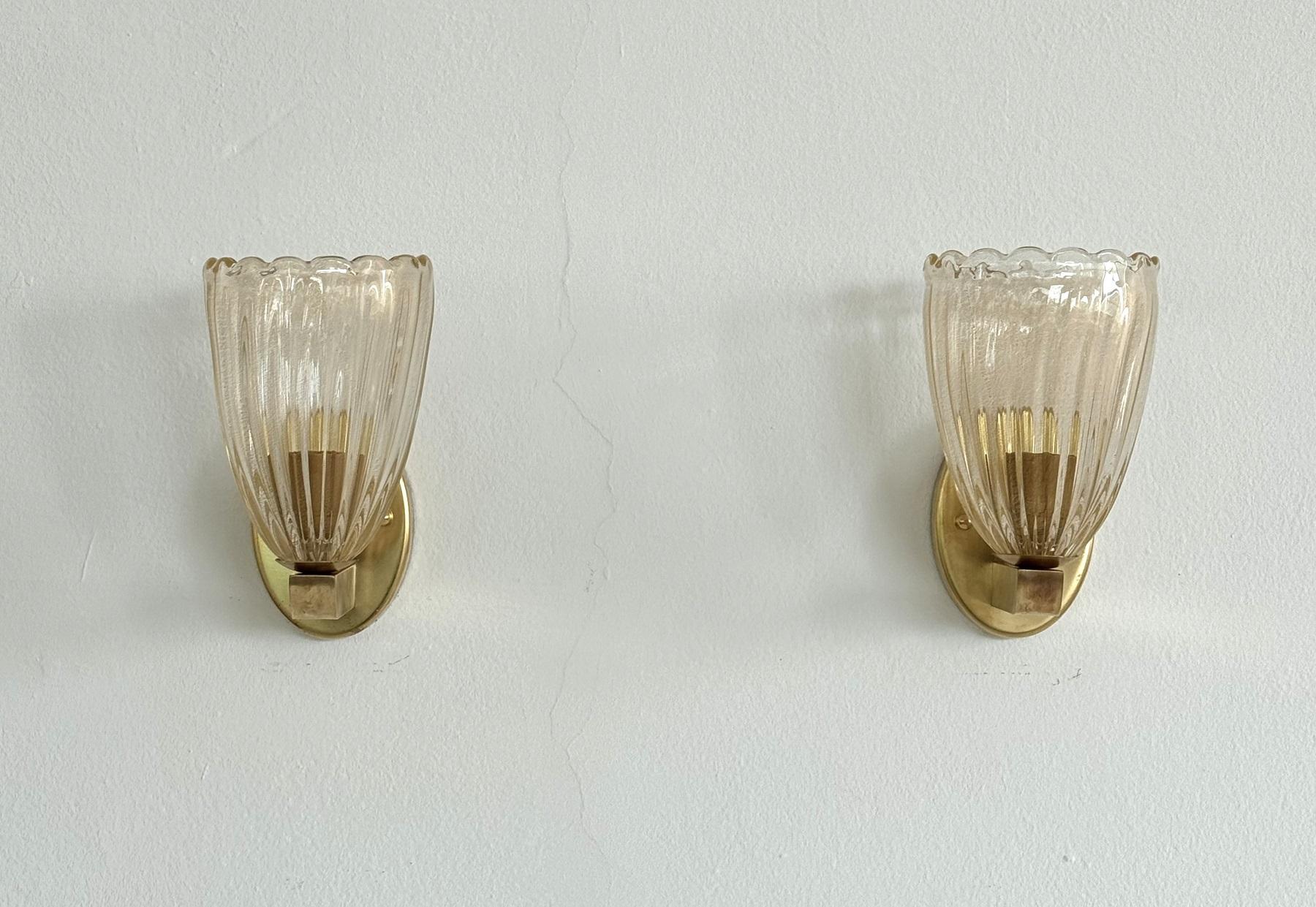 Italian Brass and Murano Glass Wall Lights or Sconces in Art Deco Style, 1990s Art Decó en venta