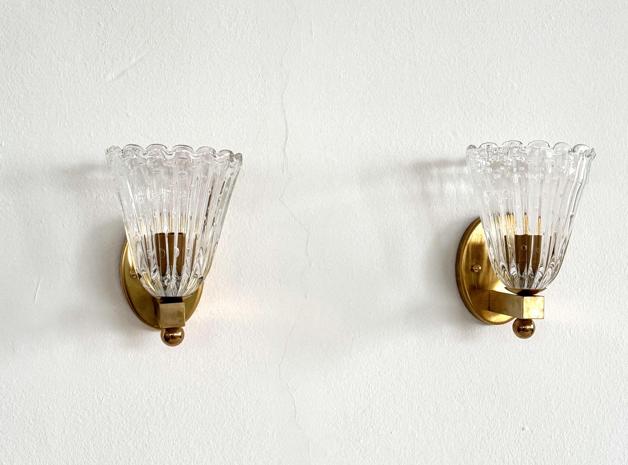Fait main Appliques ou éclairages muraux italiens en laiton et verre de Murano de style Art déco, années 1990 en vente
