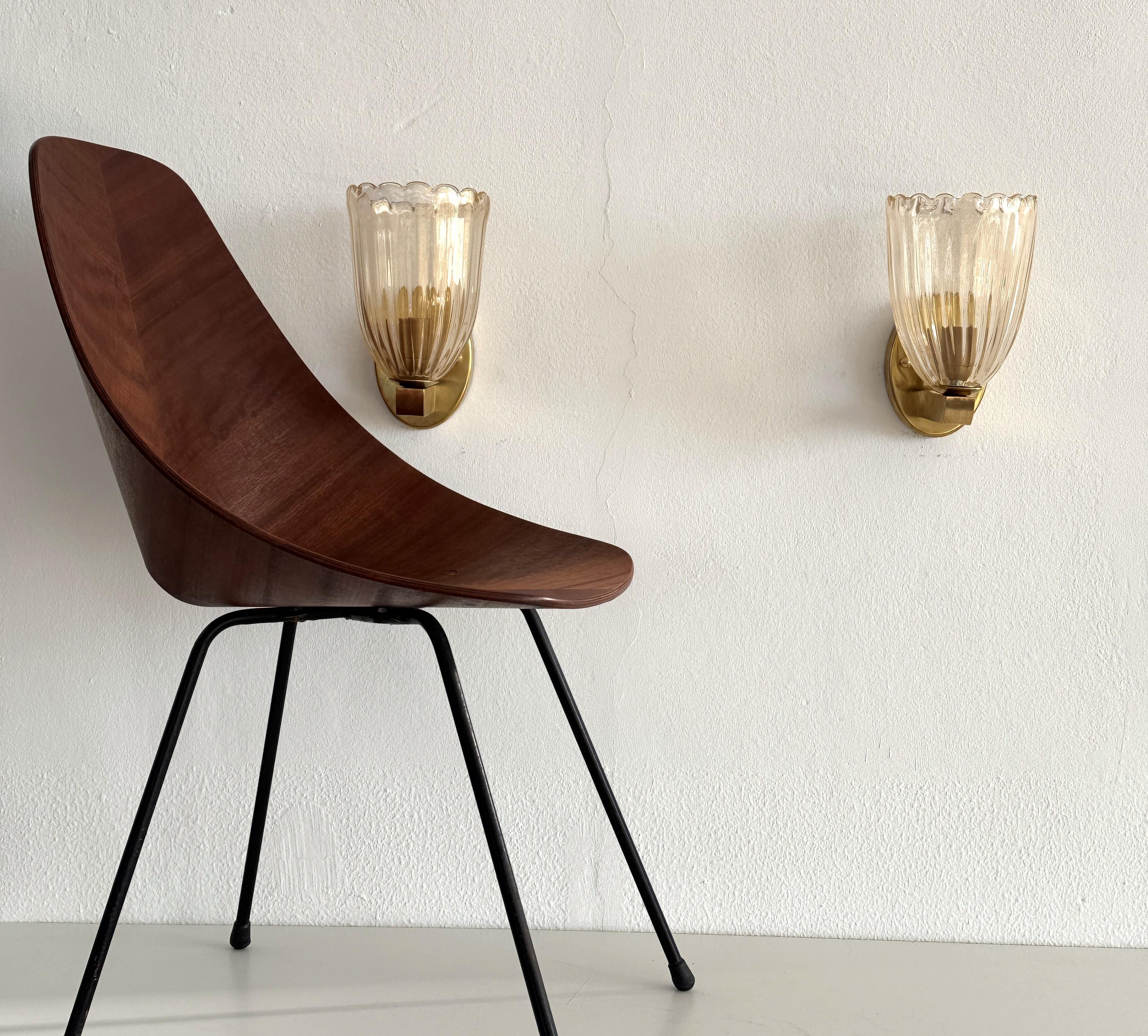 Hand-Crafted Italian Brass and Murano Glass Wall Lights or Sconces in Art Deco Style, 1990s For Sale