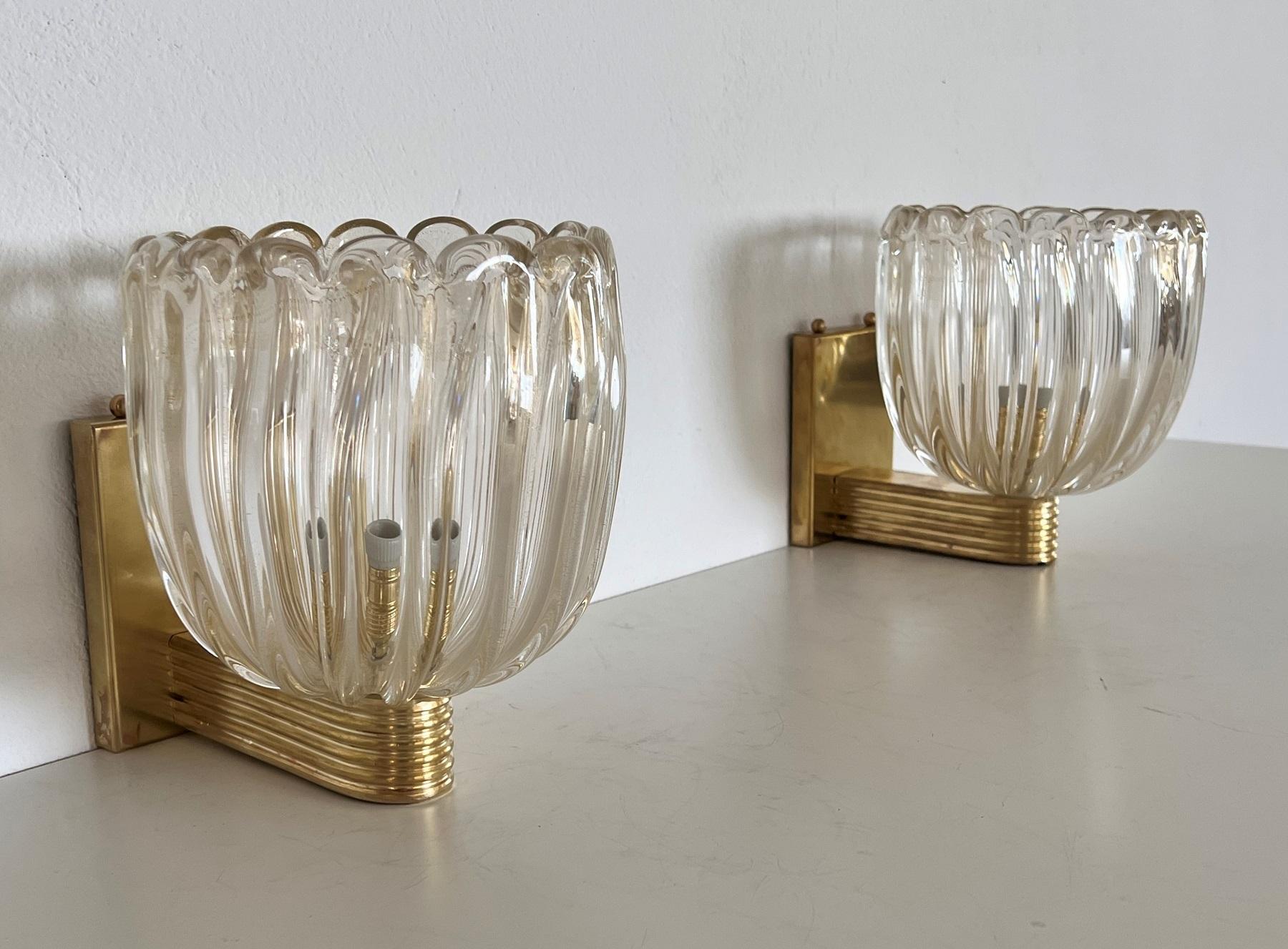 Italian Brass and Murano Glass Wall Lights or Sconces in Art Deco Style, 1990s In Good Condition In Morazzone, Varese