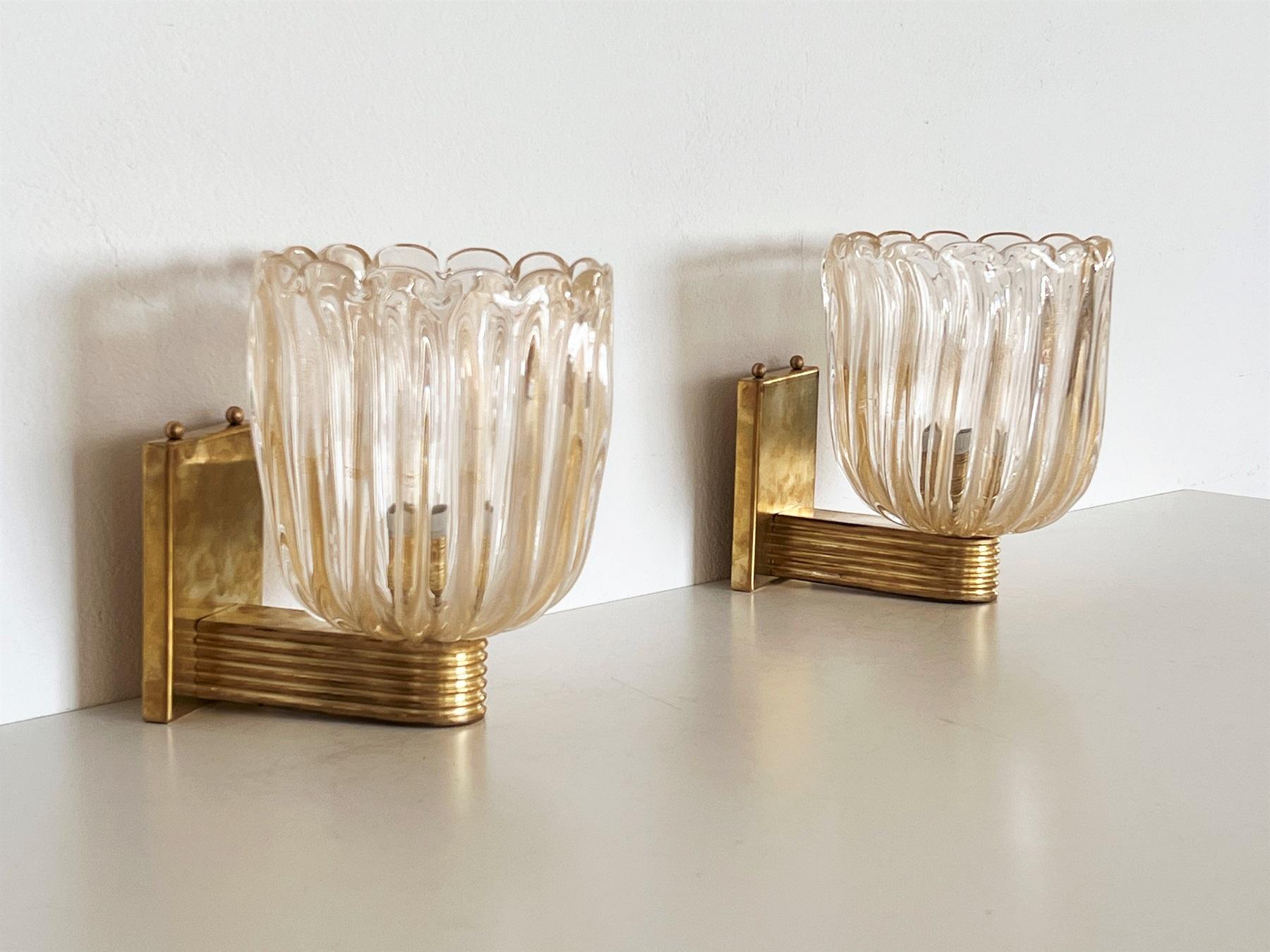 Hand-Crafted Italian Brass and Murano Glass Wall Lights or Sconces in Art Deco Style, 1990s