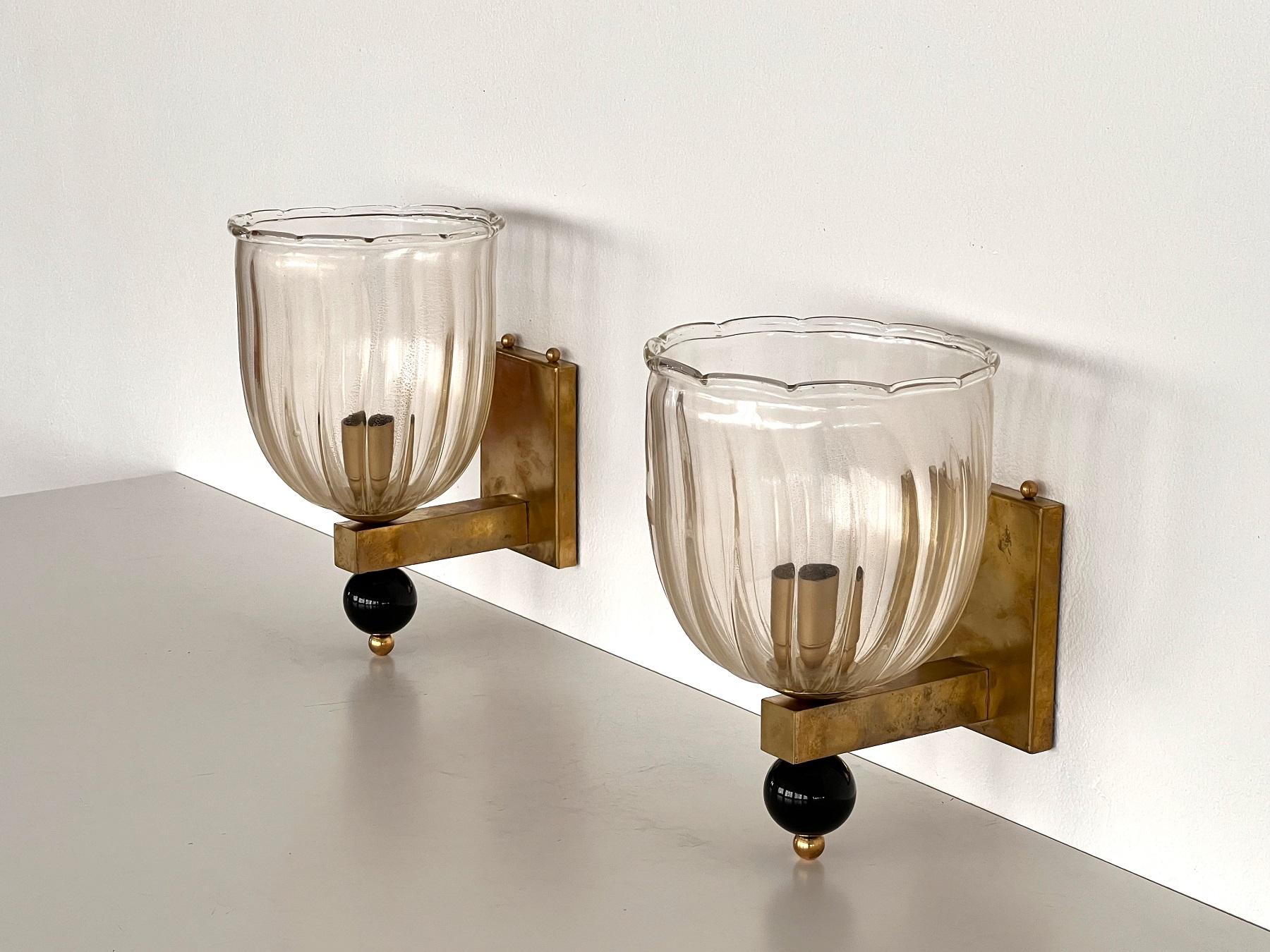 Italian Brass and Murano Glass Wall Lights or Sconces in Art Deco Style, 1990s In Good Condition In Morazzone, Varese