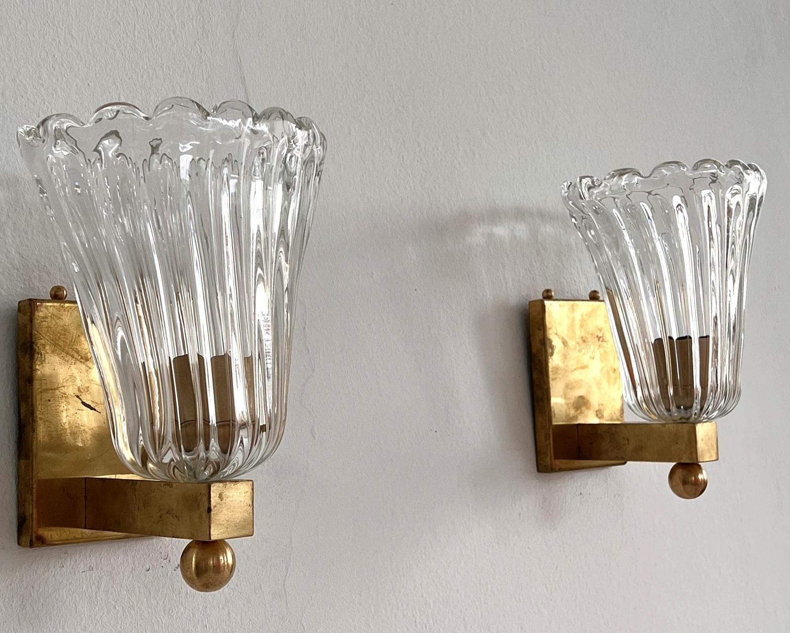 Italian Brass and Murano Glass Wall Lights or Sconces in Art Deco Style, 1990s In Good Condition For Sale In Morazzone, Varese