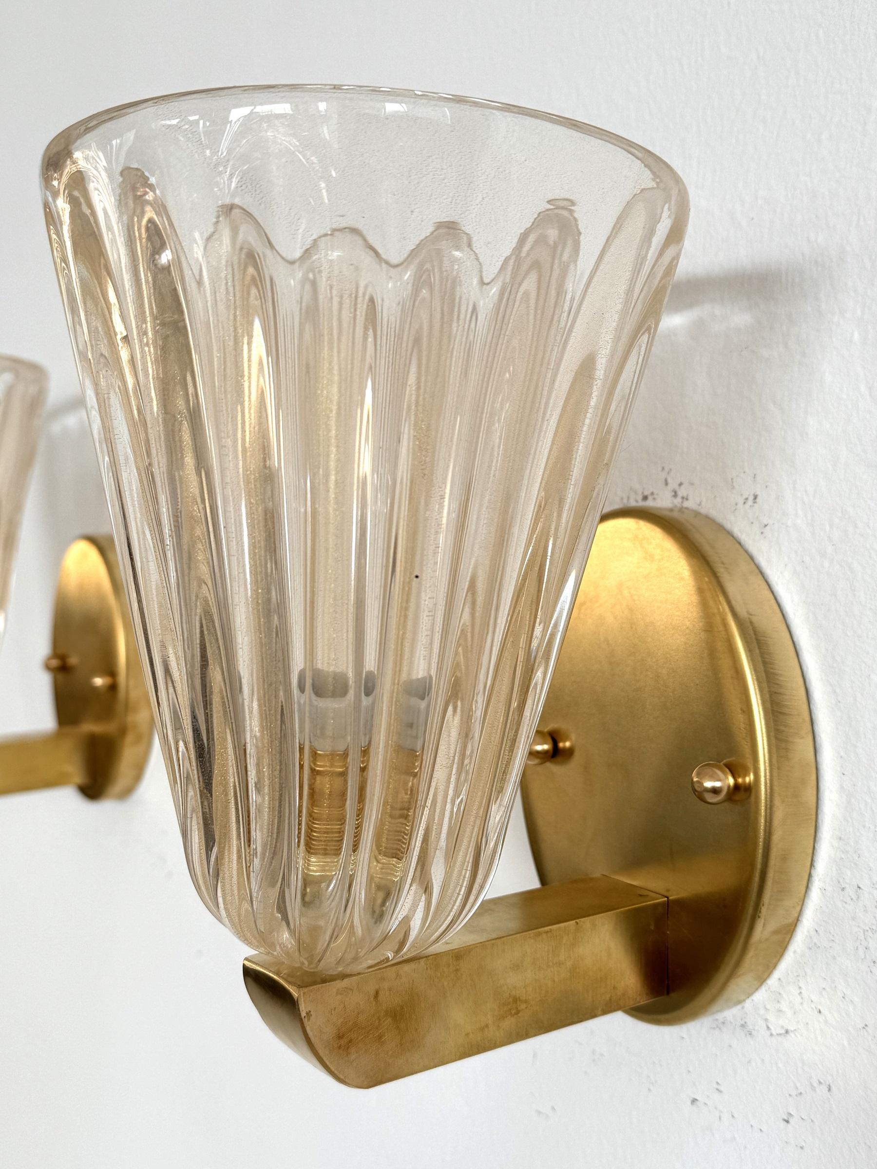 Italian Brass and Murano Glass Wall Lights or Sconces in Art Deco Style, 1990s In Good Condition In Morazzone, Varese