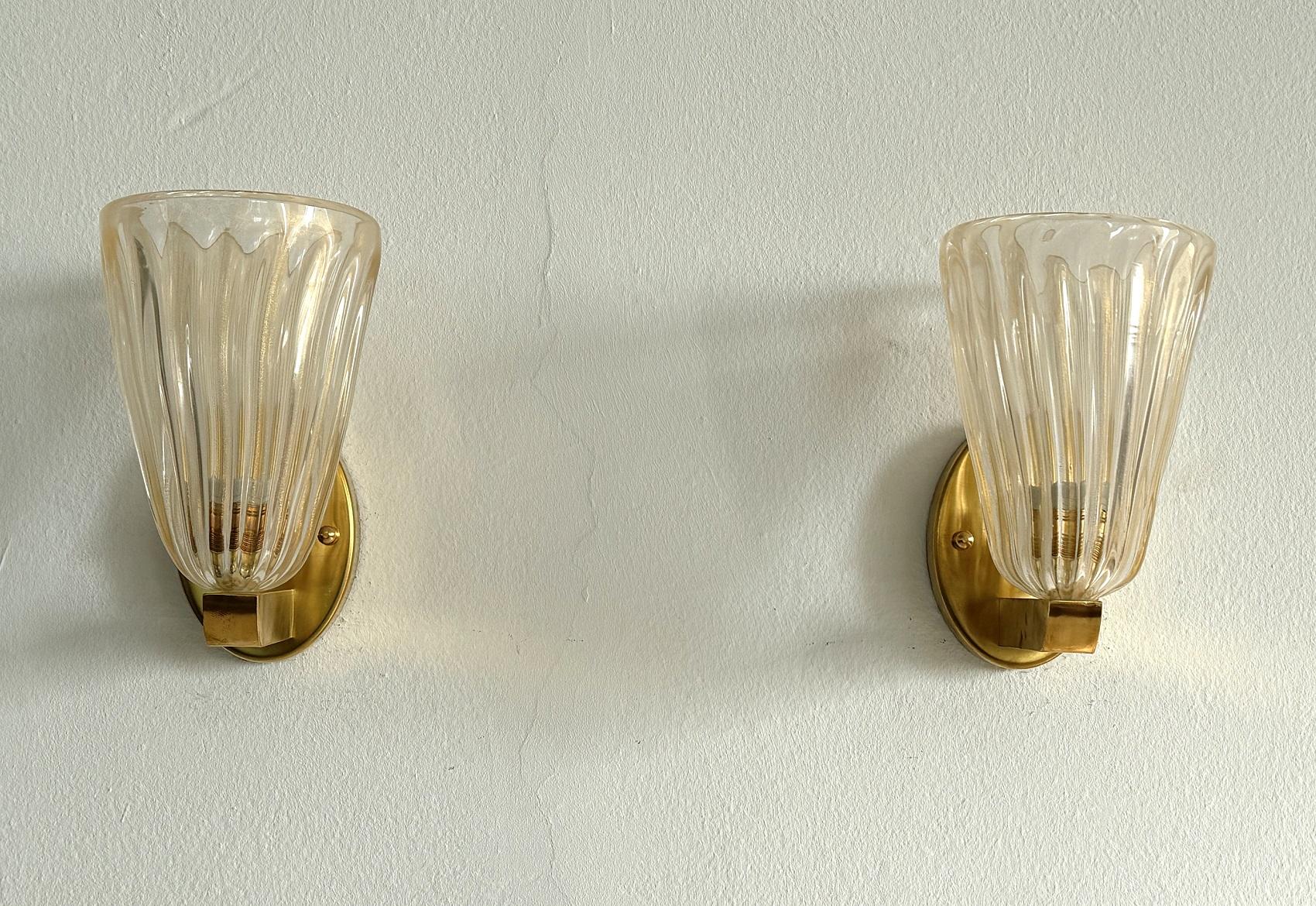 Italian Brass and Murano Glass Wall Lights or Sconces in Art Deco Style, 1990s In Good Condition In Morazzone, Varese
