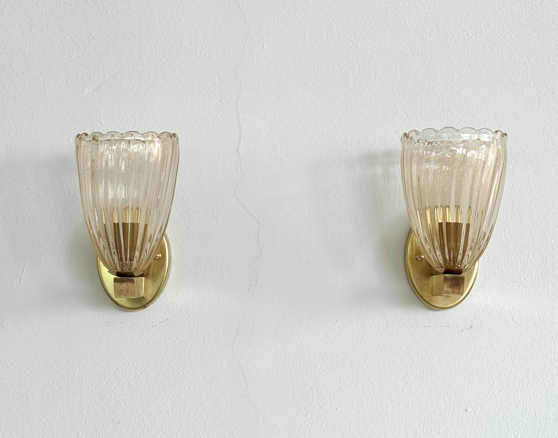 Italian Brass and Murano Glass Wall Lights or Sconces in Art Deco Style, 1990s Italiano en venta