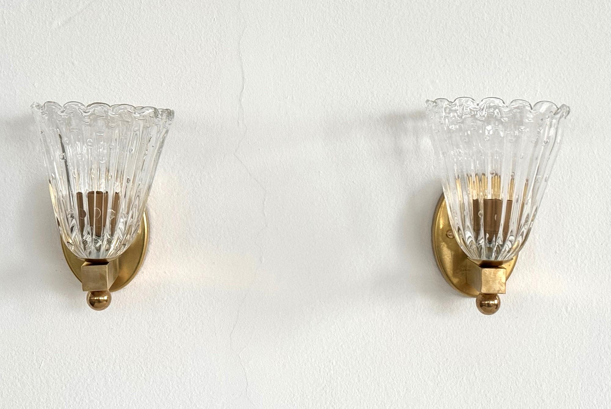 Italian Brass and Murano Glass Wall Lights or Sconces in Art Deco Style, 1990s In Good Condition For Sale In Morazzone, Varese