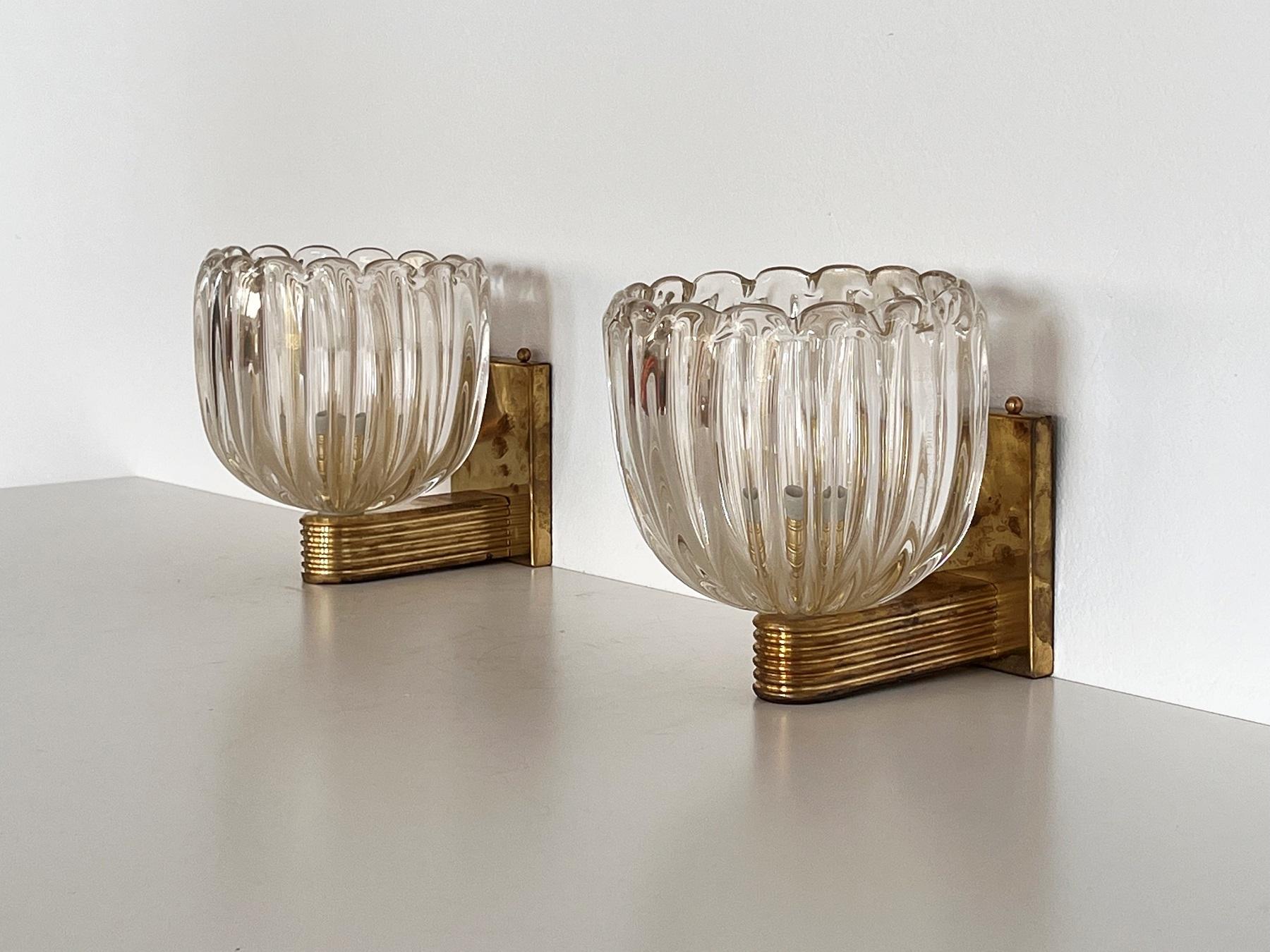 20th Century Italian Brass and Murano Glass Wall Lights or Sconces in Art Deco Style, 1990s