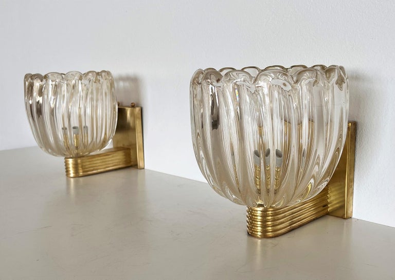 Italian Brass and Murano Glass Wall Lights or Sconces in Art Deco Style