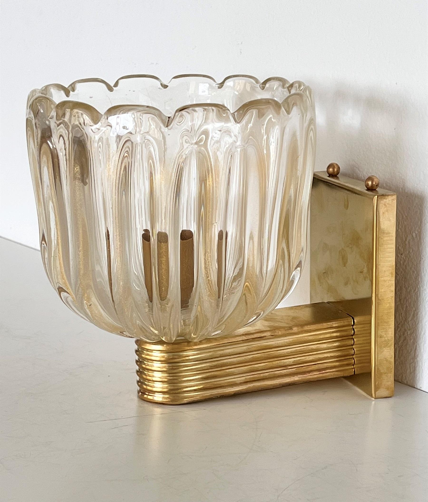 20th Century Italian Brass and Murano Glass Wall Light or Sconce in Art Deco Style, 1990s
