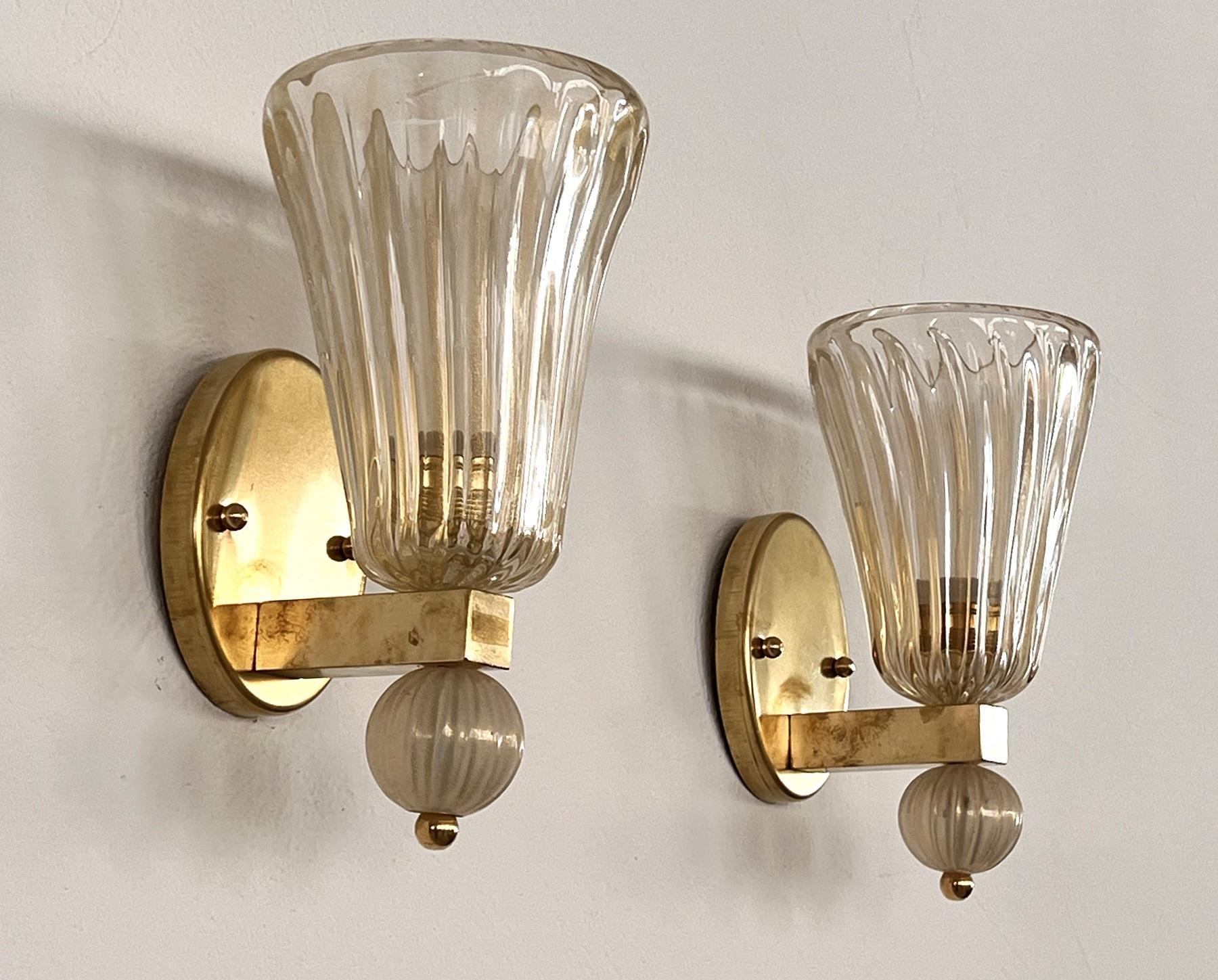 20th Century Italian Brass and Murano Glass Wall Lights or Sconces in Art Deco Style, 1990s For Sale