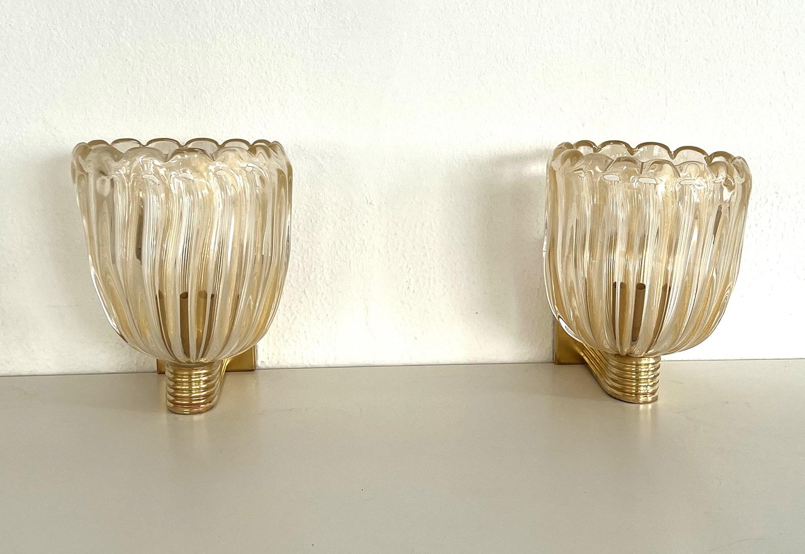 20th Century Italian Brass and Murano Glass Wall Lights or Sconces in Art Deco Style, 1990s