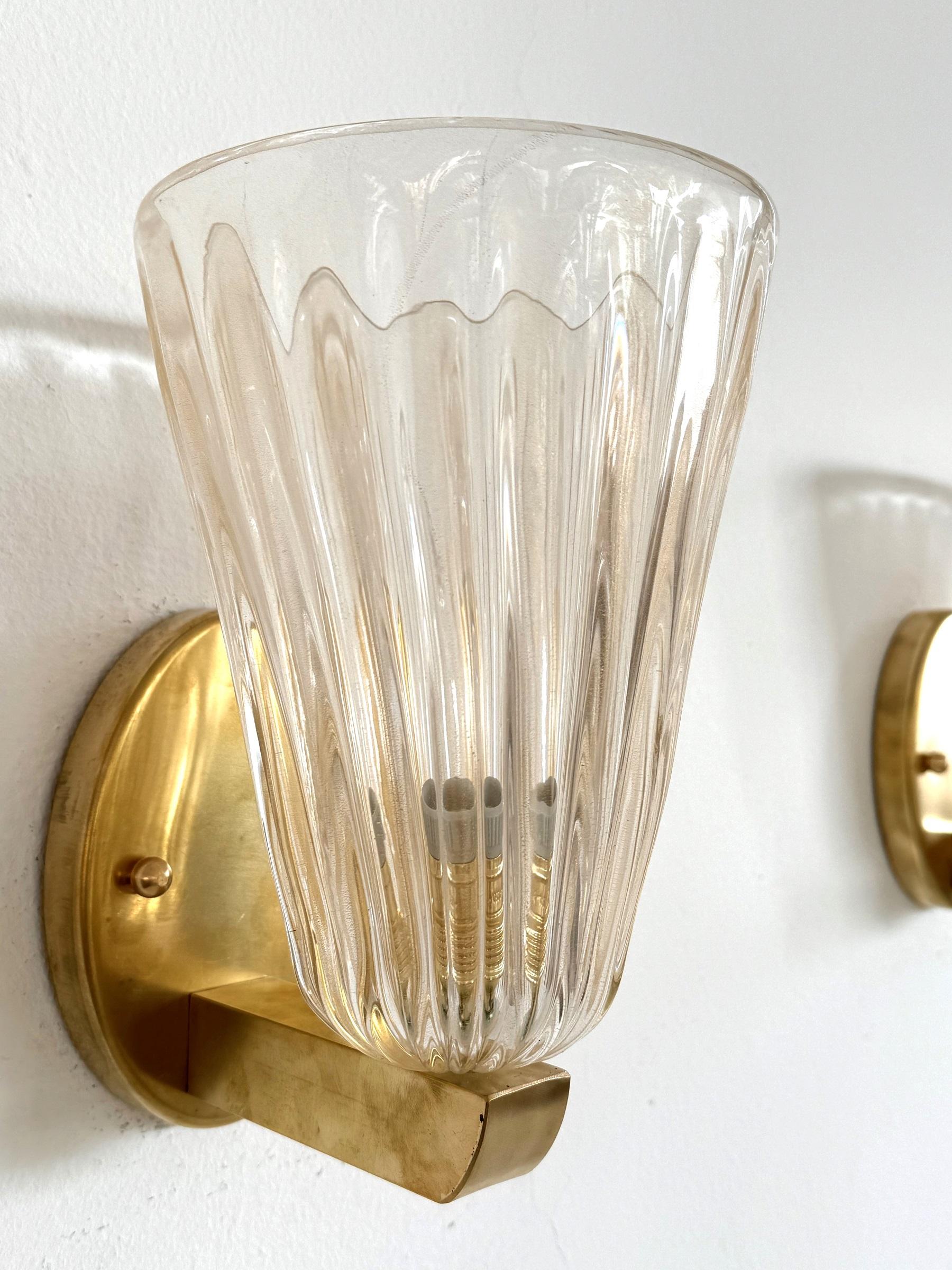 20th Century Italian Brass and Murano Glass Wall Lights or Sconces in Art Deco Style, 1990s